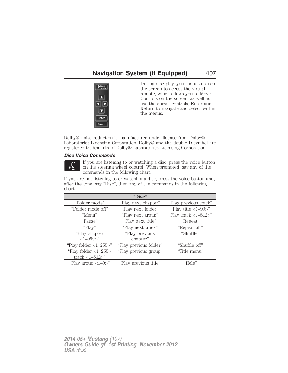 Disc voice commands, Navigation system (if equipped) 407 | FORD 2014 Mustang v.1 User Manual | Page 408 / 461