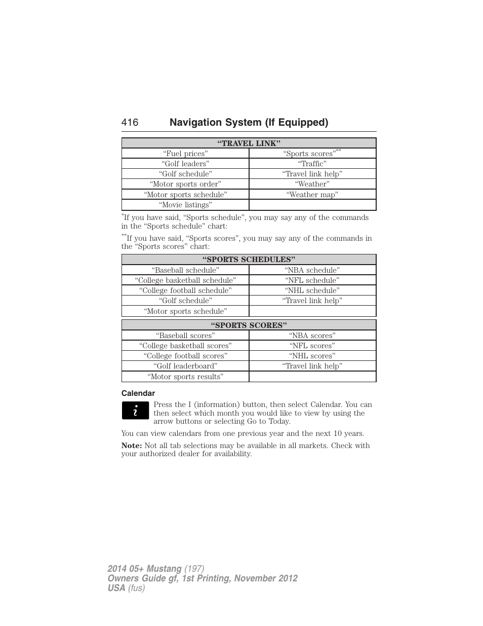 Calendar, 416 navigation system (if equipped) | FORD 2014 Mustang v.1 User Manual | Page 417 / 461