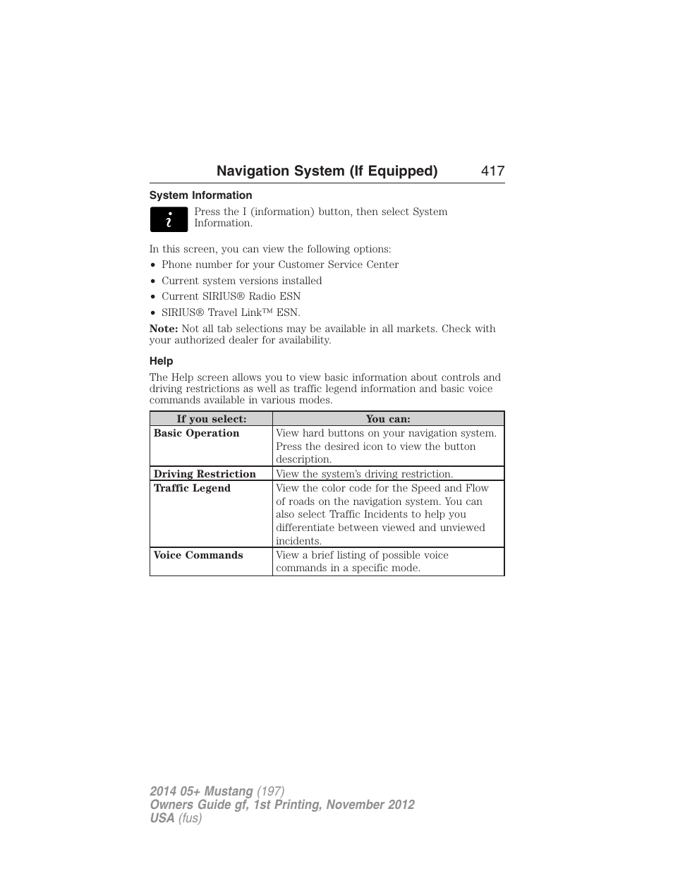 System information, Help, Accessing the help screen | Navigation system (if equipped) 417 | FORD 2014 Mustang v.1 User Manual | Page 418 / 461