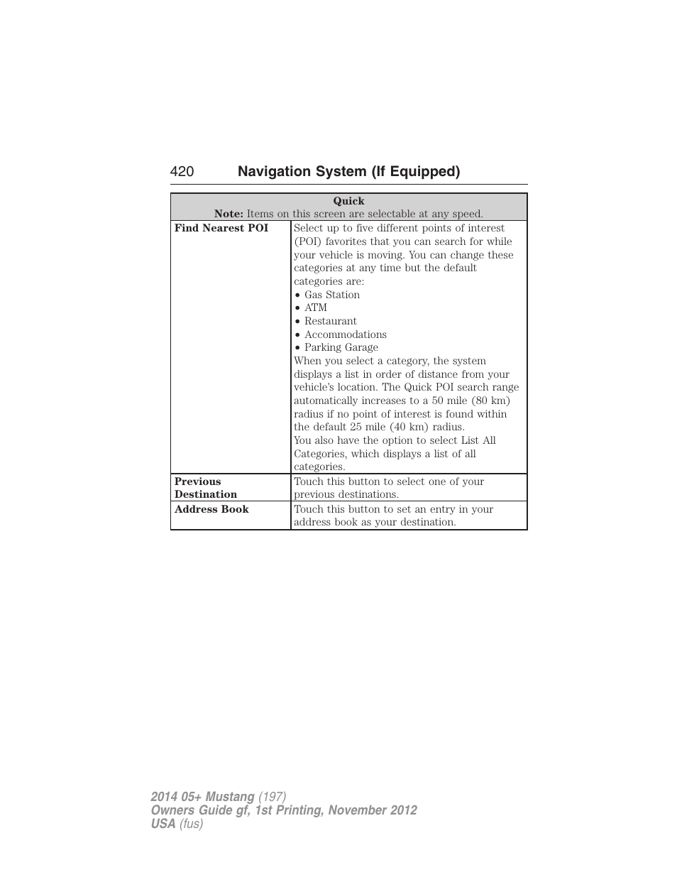 420 navigation system (if equipped) | FORD 2014 Mustang v.1 User Manual | Page 421 / 461