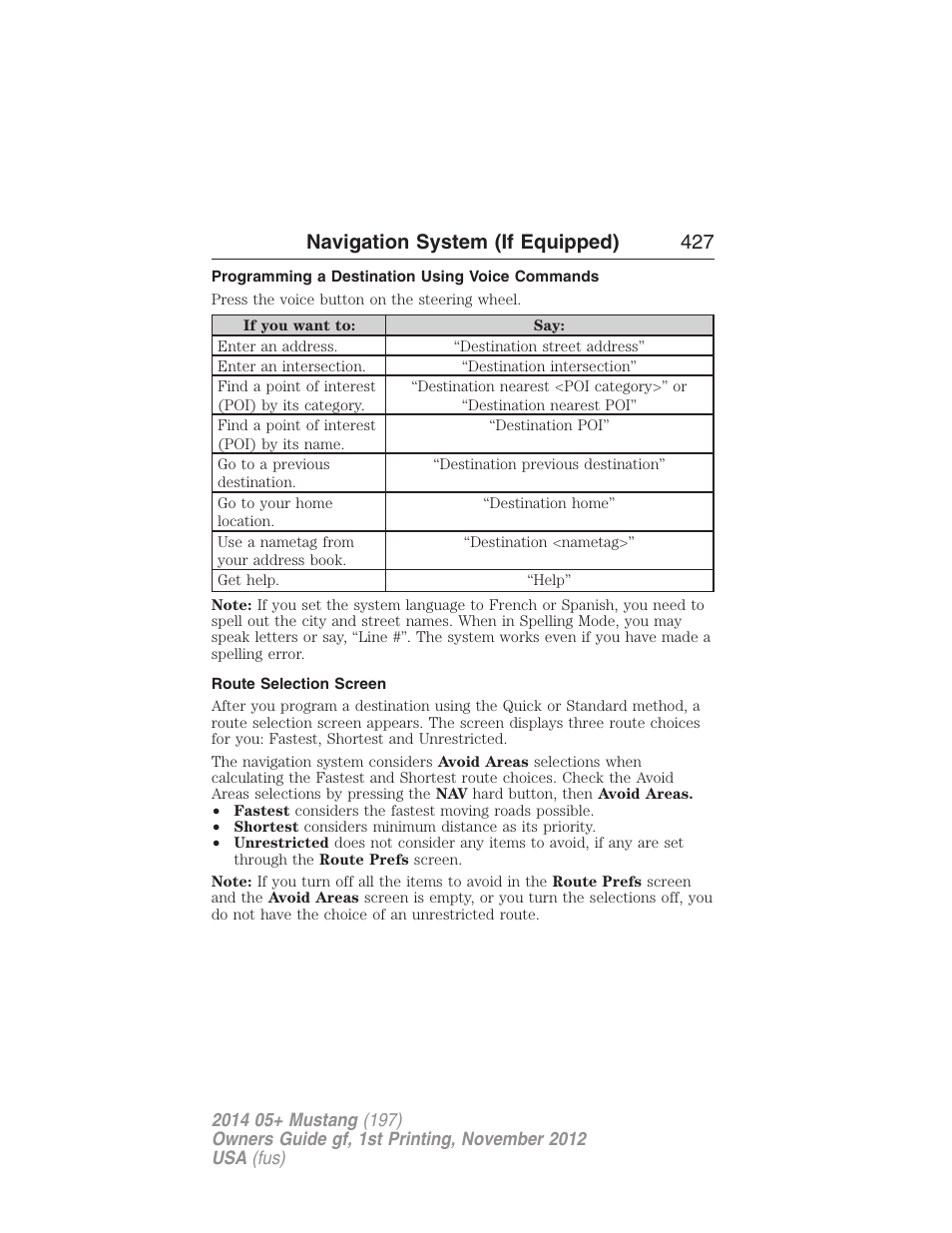 Programming a destination using voice commands, Route selection screen, Navigation system (if equipped) 427 | FORD 2014 Mustang v.1 User Manual | Page 428 / 461