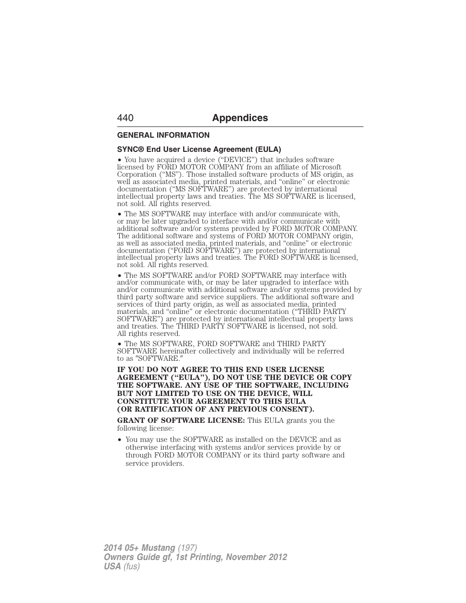 Appendices, General information, Sync® end user license agreement (eula) | 440 appendices | FORD 2014 Mustang v.1 User Manual | Page 441 / 461