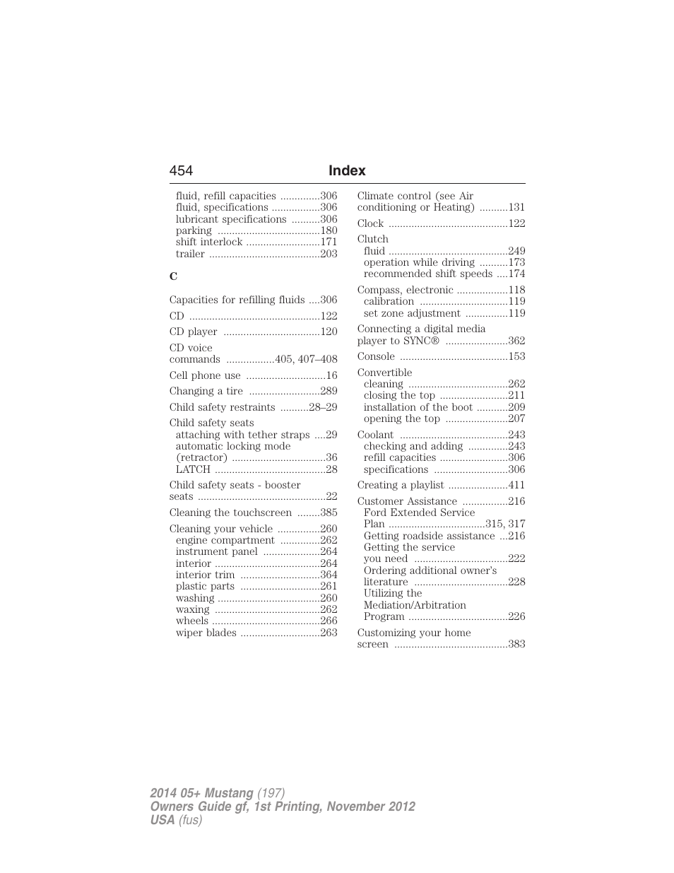 454 index | FORD 2014 Mustang v.1 User Manual | Page 455 / 461