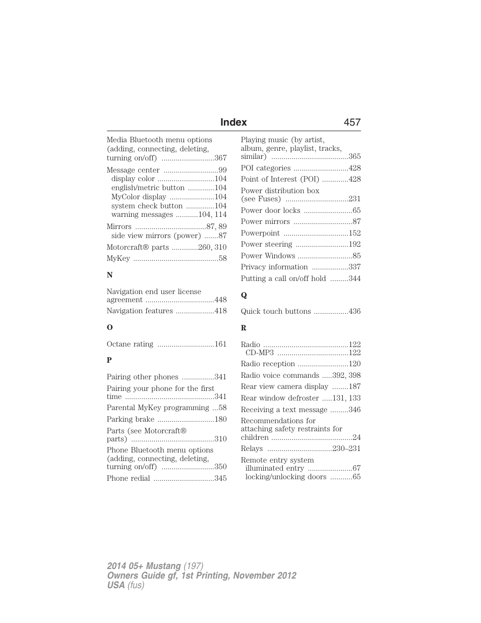 Index 457 | FORD 2014 Mustang v.1 User Manual | Page 458 / 461