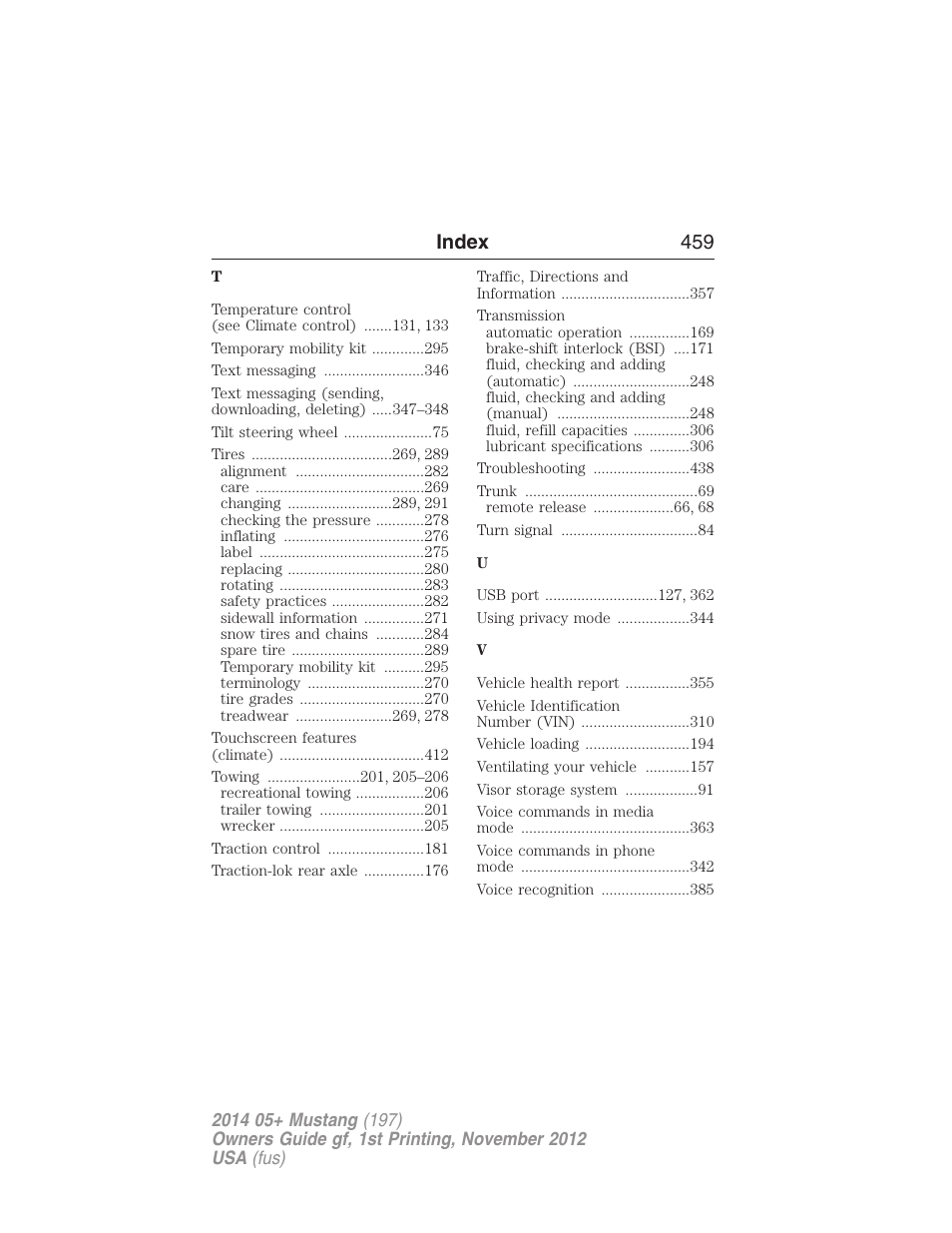 Index 459 | FORD 2014 Mustang v.1 User Manual | Page 460 / 461