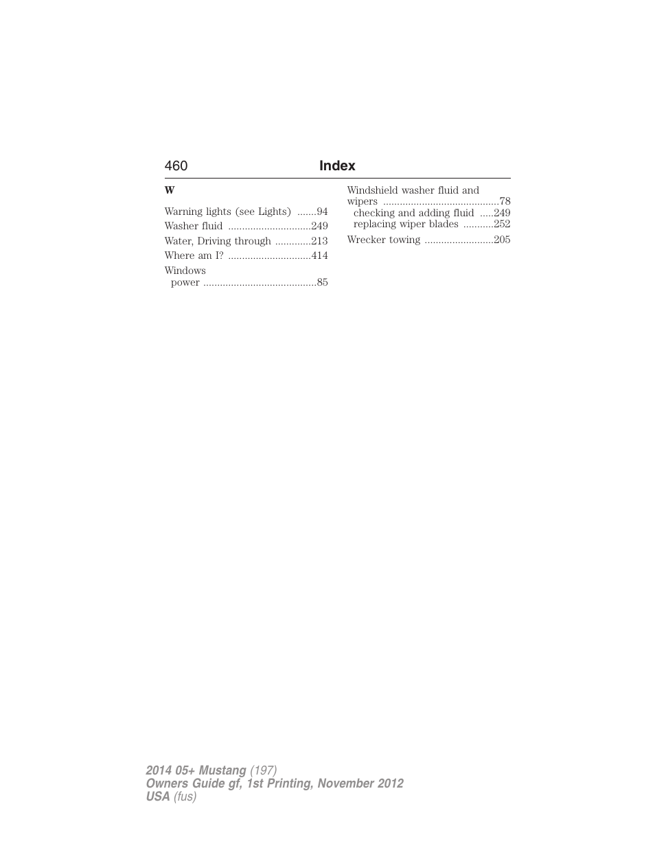 460 index | FORD 2014 Mustang v.1 User Manual | Page 461 / 461