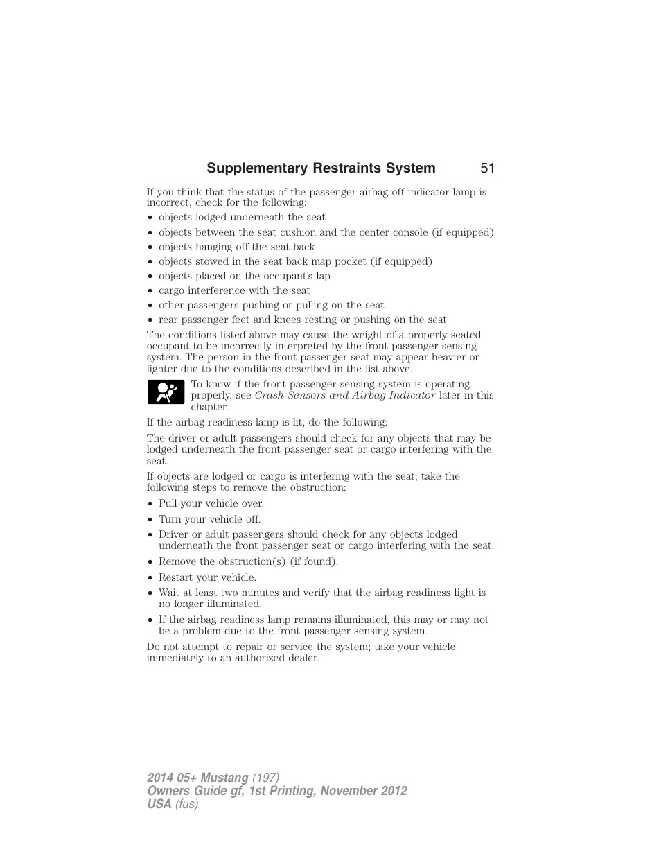 Supplementary restraints system 51 | FORD 2014 Mustang v.1 User Manual | Page 52 / 461