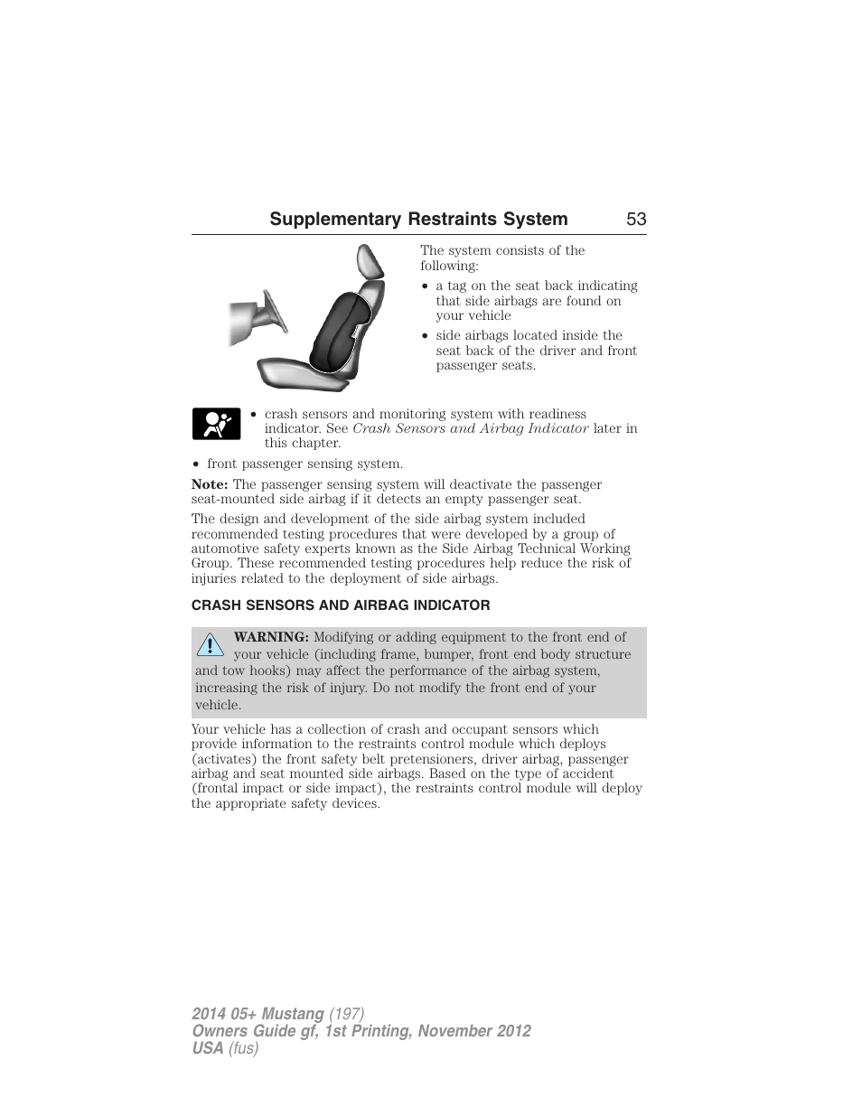 Crash sensors and airbag indicator, Supplementary restraints system 53 | FORD 2014 Mustang v.1 User Manual | Page 54 / 461