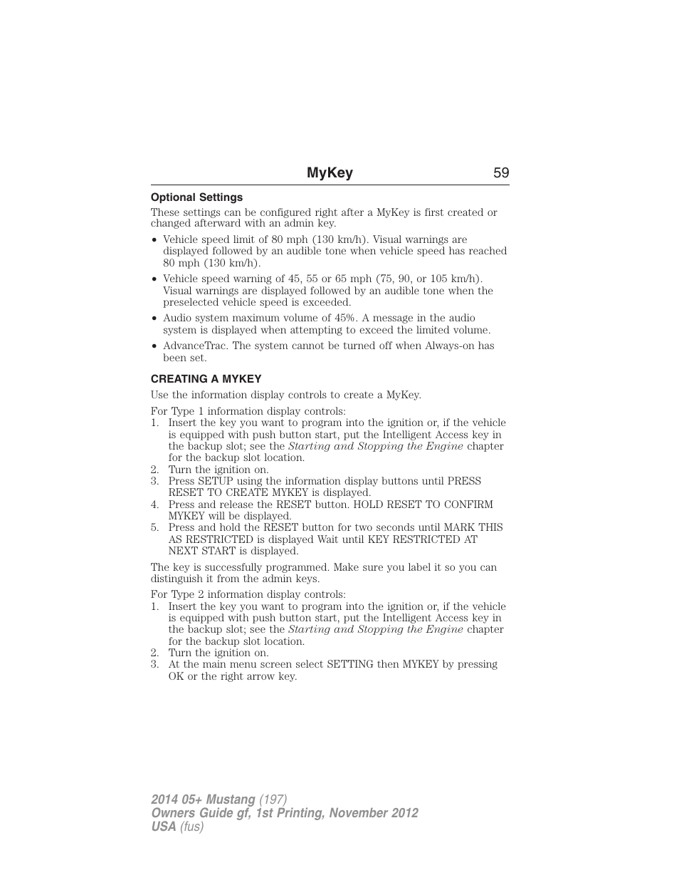 Optional settings, Creating a mykey, Creating | Mykey 59 | FORD 2014 Mustang v.1 User Manual | Page 60 / 461