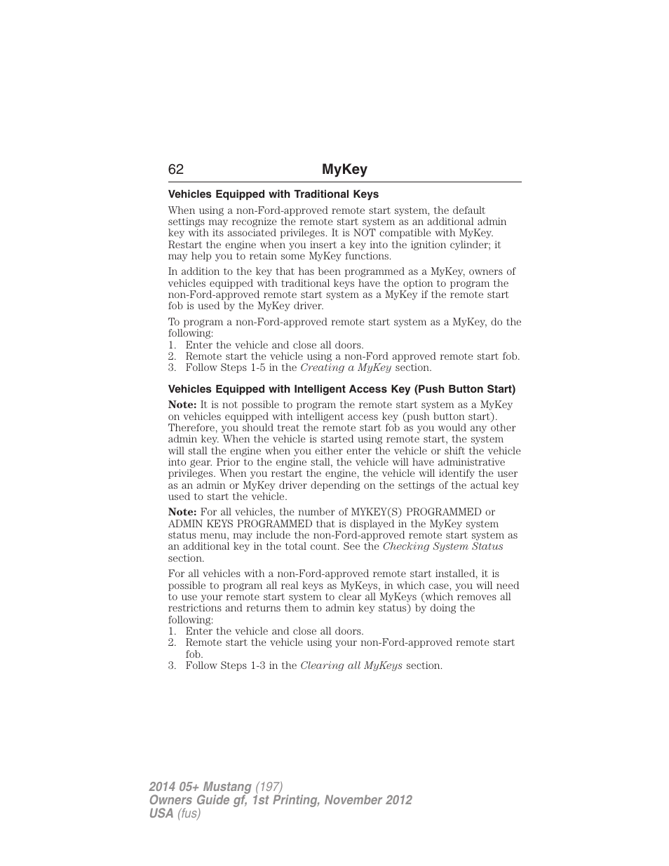 Vehicles equipped with traditional keys, 62 mykey | FORD 2014 Mustang v.1 User Manual | Page 63 / 461