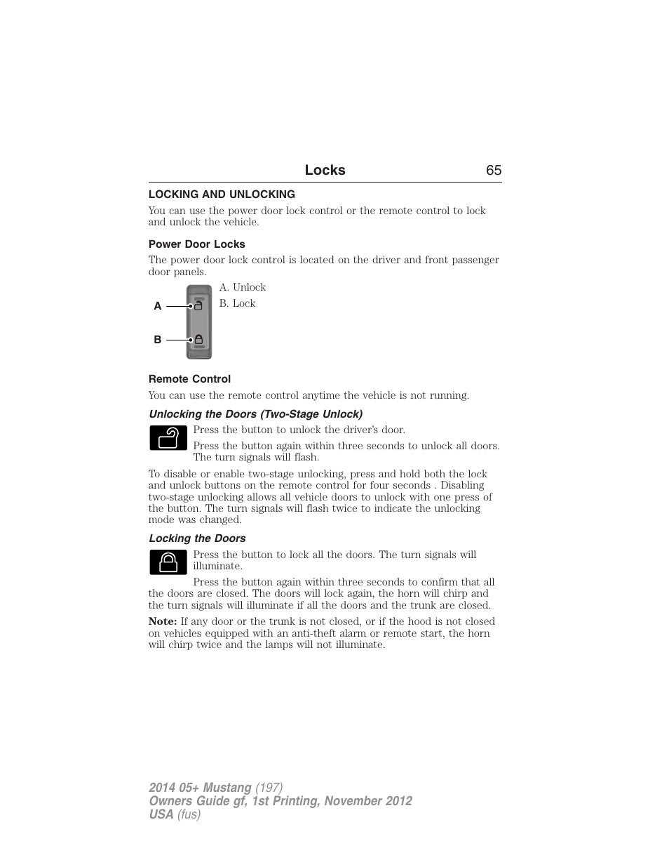 Locks, Locking and unlocking, Power door locks | Remote control, Unlocking the doors (two-stage unlock), Locking the doors, Locks 65 | FORD 2014 Mustang v.1 User Manual | Page 66 / 461