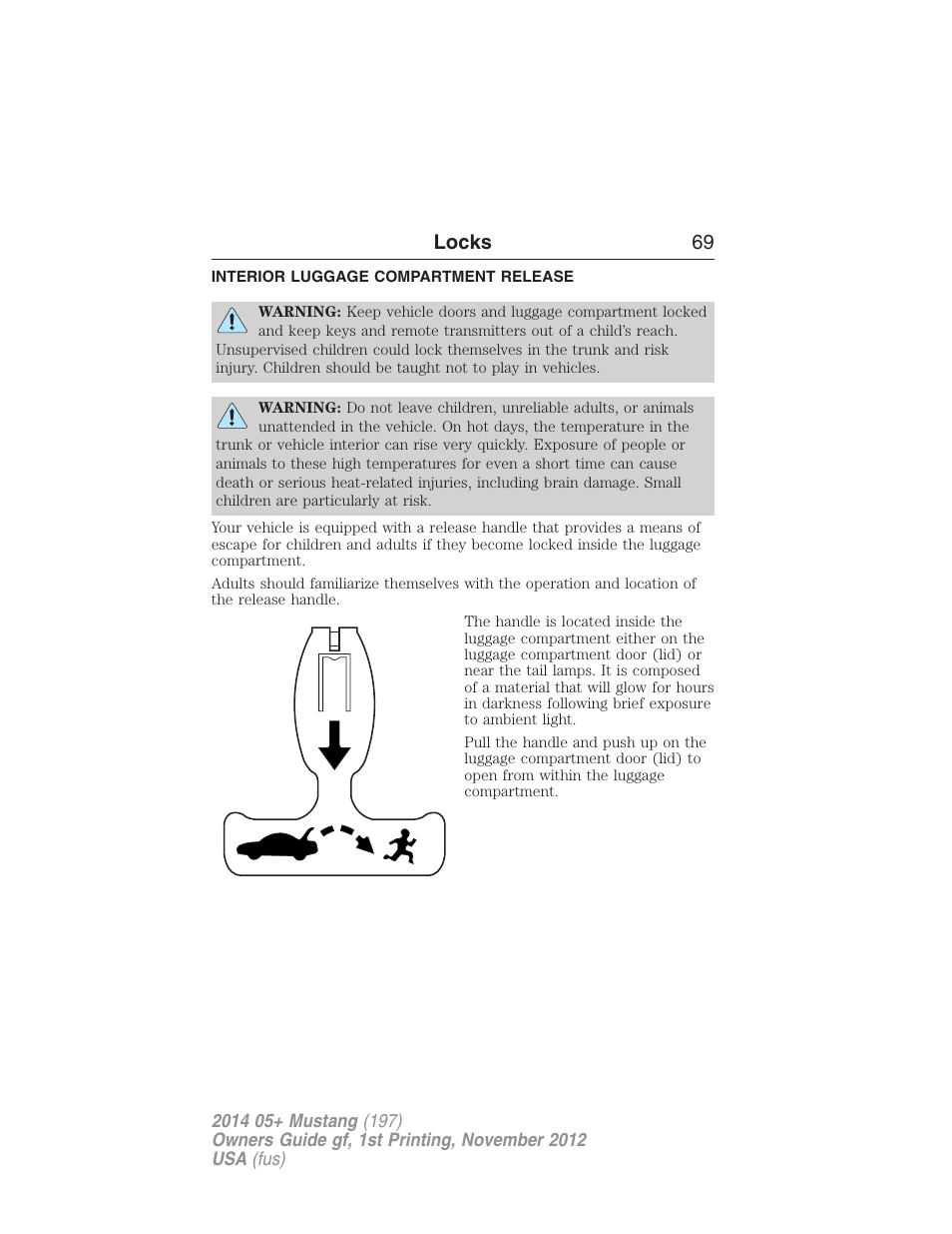 Interior luggage compartment release, Locks 69 | FORD 2014 Mustang v.1 User Manual | Page 70 / 461