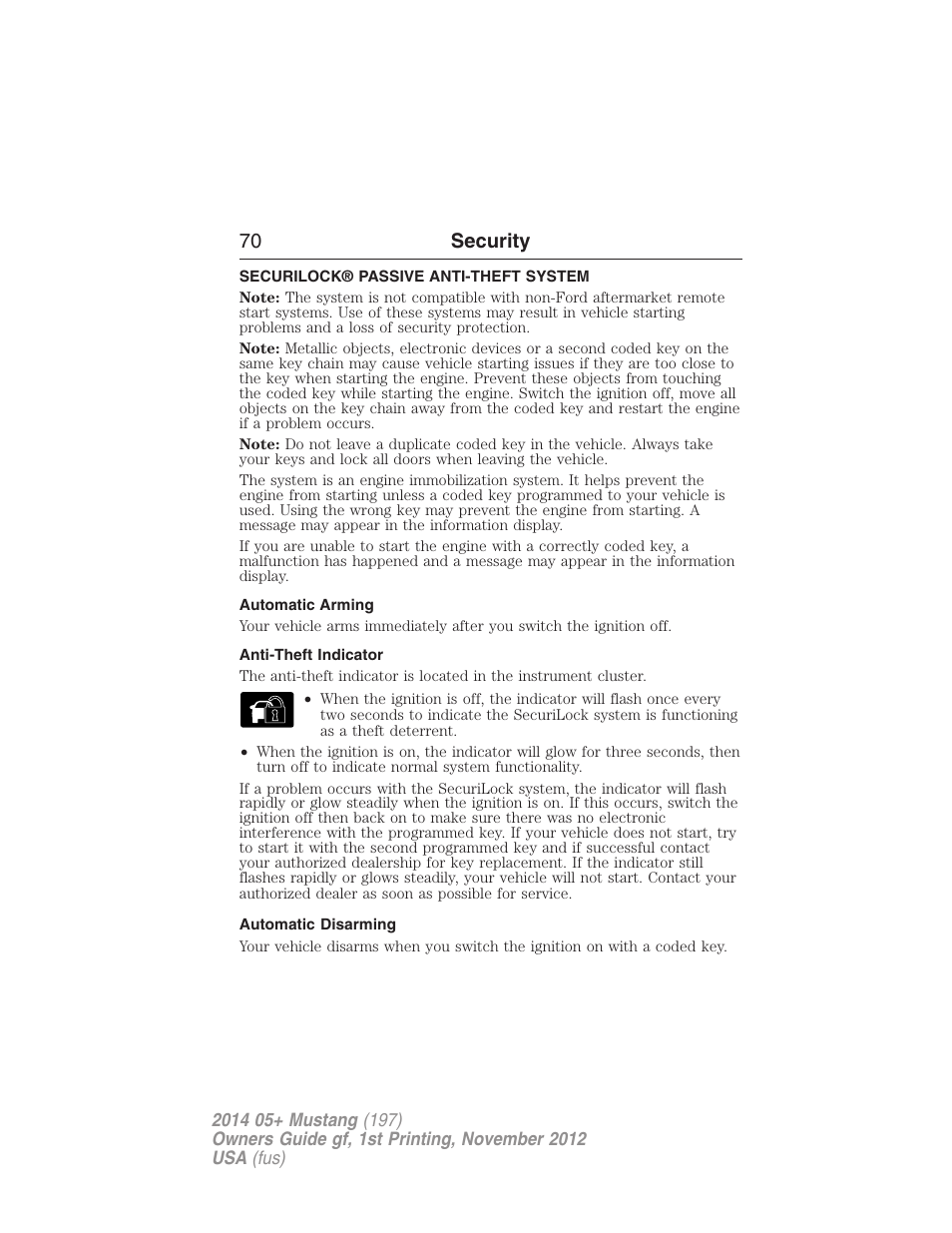 Security, Securilock® passive anti-theft system, Automatic arming | Anti-theft indicator, Automatic disarming, 70 security | FORD 2014 Mustang v.1 User Manual | Page 71 / 461