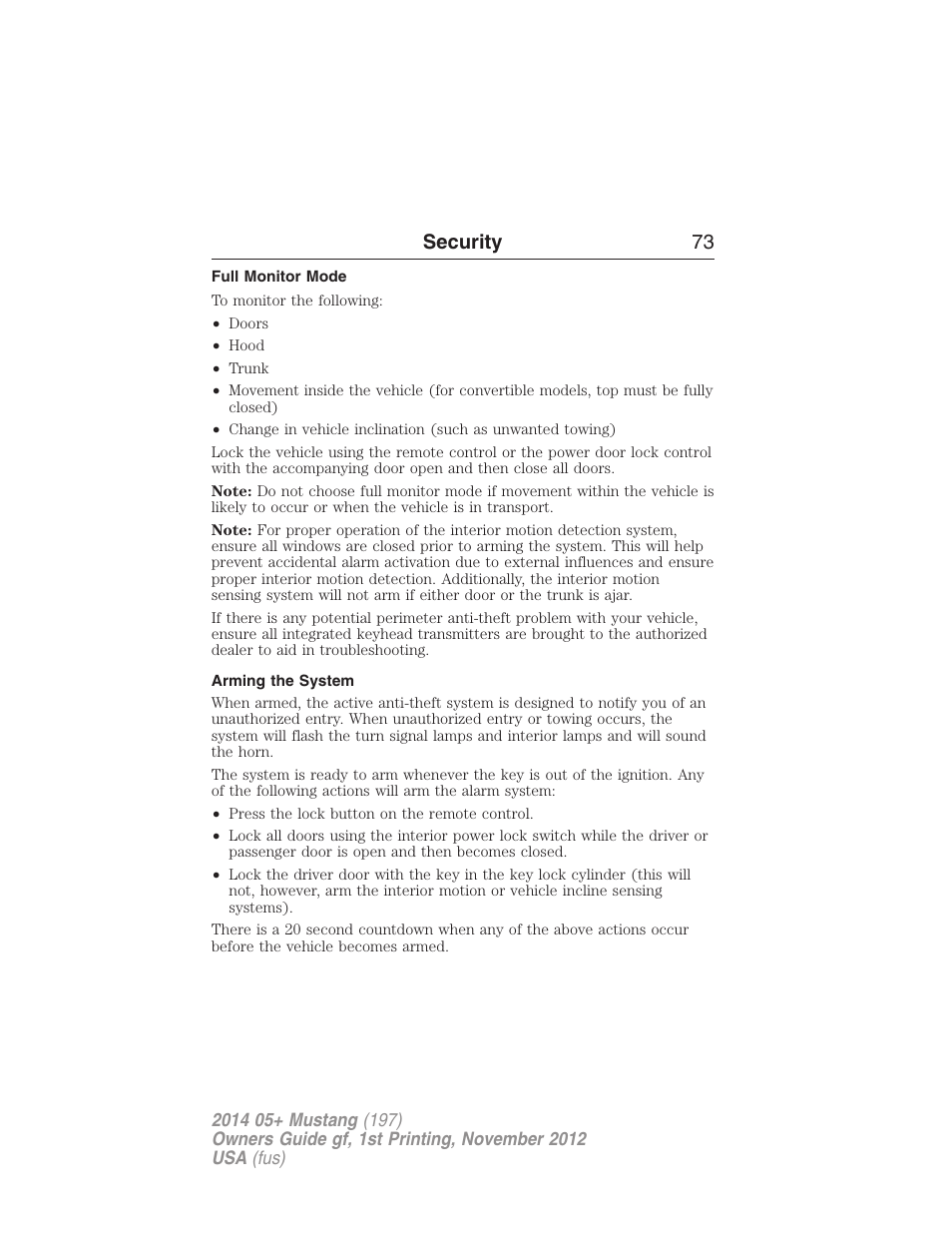 Full monitor mode, Arming the system, Security 73 | FORD 2014 Mustang v.1 User Manual | Page 74 / 461