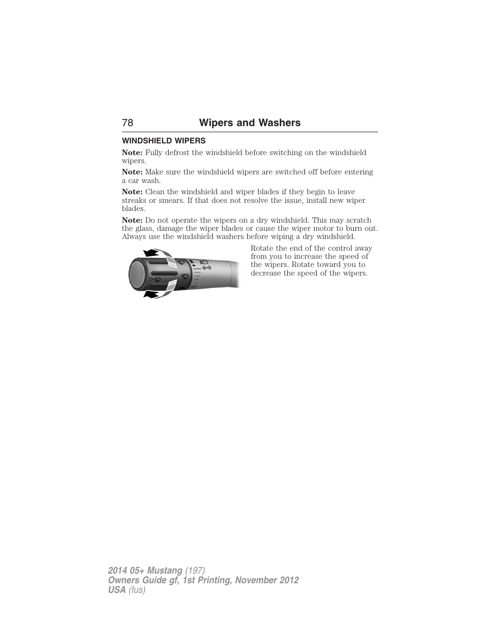 Wipers and washers, Windshield wipers, 78 wipers and washers | FORD 2014 Mustang v.1 User Manual | Page 79 / 461