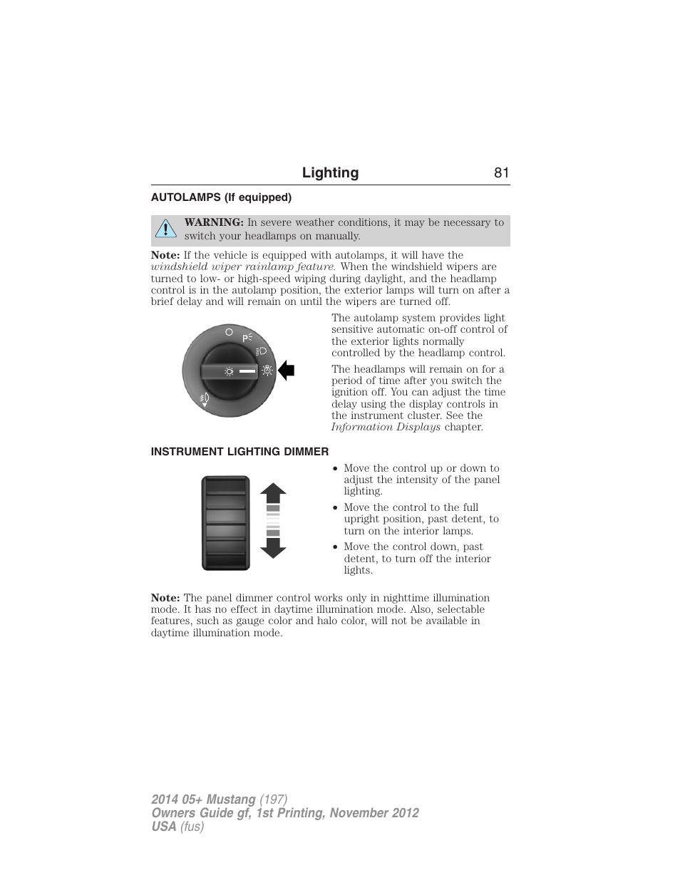 Autolamps (if equipped), Instrument lighting dimmer, Autolamps | Lighting 81 | FORD 2014 Mustang v.1 User Manual | Page 82 / 461