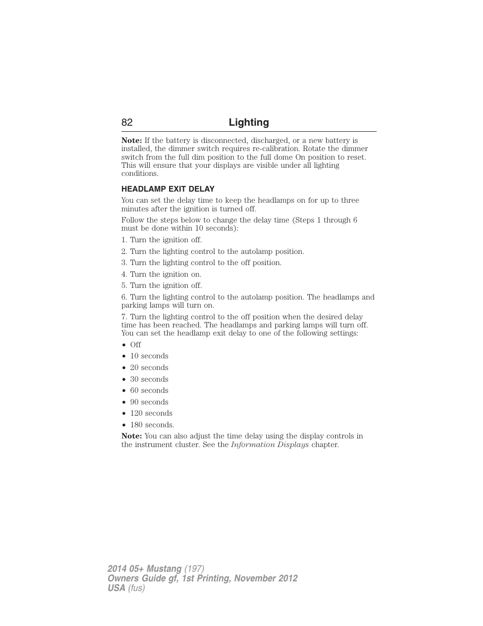 Headlamp exit delay, 82 lighting | FORD 2014 Mustang v.1 User Manual | Page 83 / 461