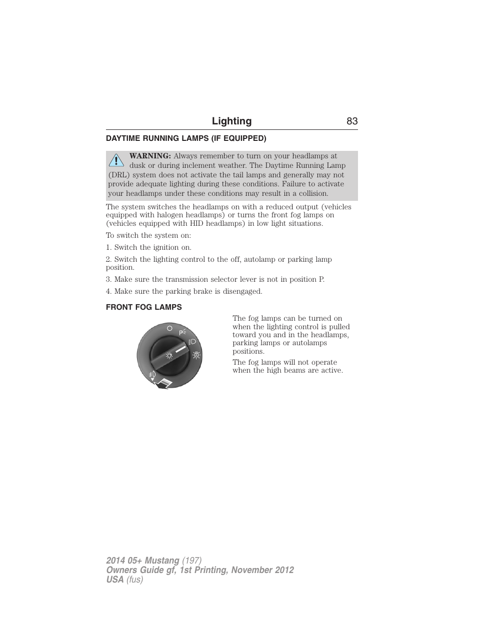 Daytime running lamps (if equipped), Front fog lamps, Daytime running lamps | Lighting 83 | FORD 2014 Mustang v.1 User Manual | Page 84 / 461