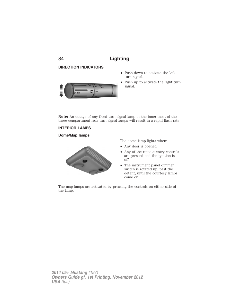 Direction indicators, Interior lamps, Dome/map lamps | 84 lighting | FORD 2014 Mustang v.1 User Manual | Page 85 / 461