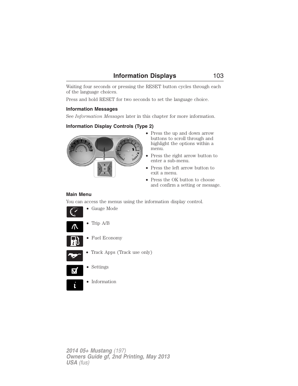 Information messages, Information display controls (type 2), Main menu | Information displays 103 | FORD 2014 Mustang v.2 User Manual | Page 104 / 455