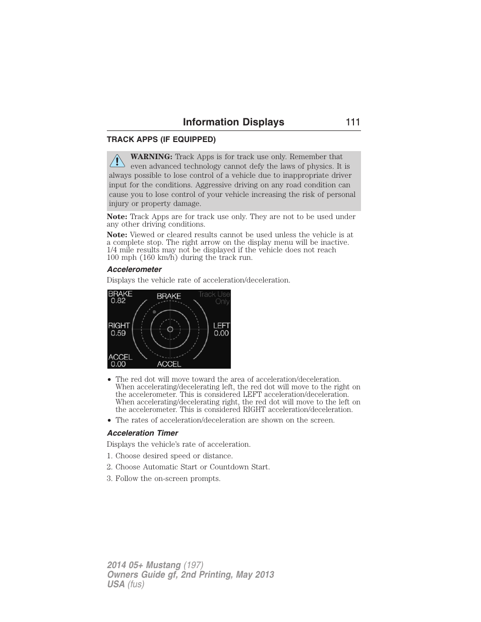 Track apps (if equipped), Accelerometer, Acceleration timer | Information displays 111 | FORD 2014 Mustang v.2 User Manual | Page 112 / 455