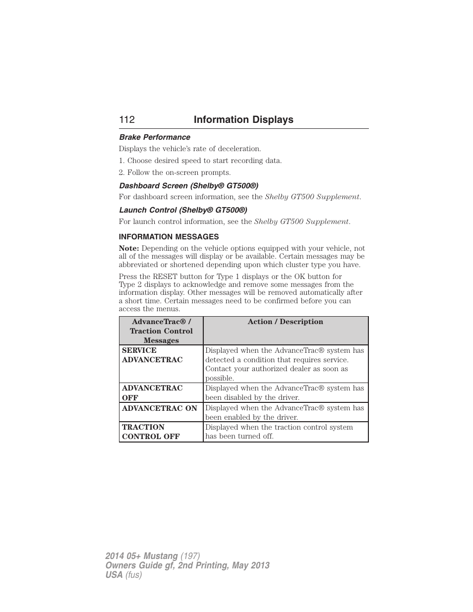 Brake performance, Dashboard screen (shelby® gt500®), Launch control (shelby® gt500®) | Information messages, 112 information displays | FORD 2014 Mustang v.2 User Manual | Page 113 / 455