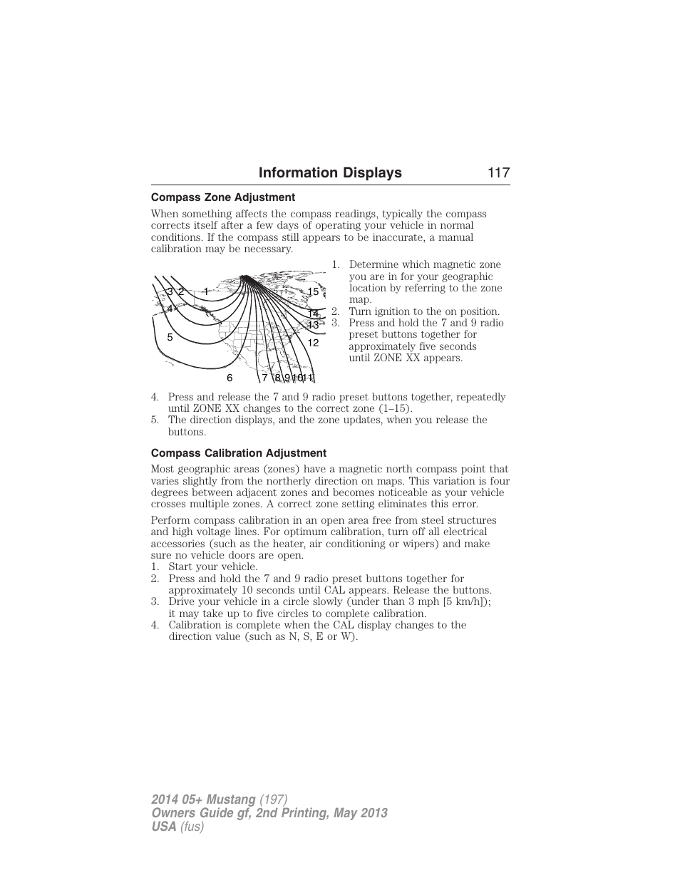 Compass zone adjustment, Compass calibration adjustment, Information displays 117 | FORD 2014 Mustang v.2 User Manual | Page 118 / 455