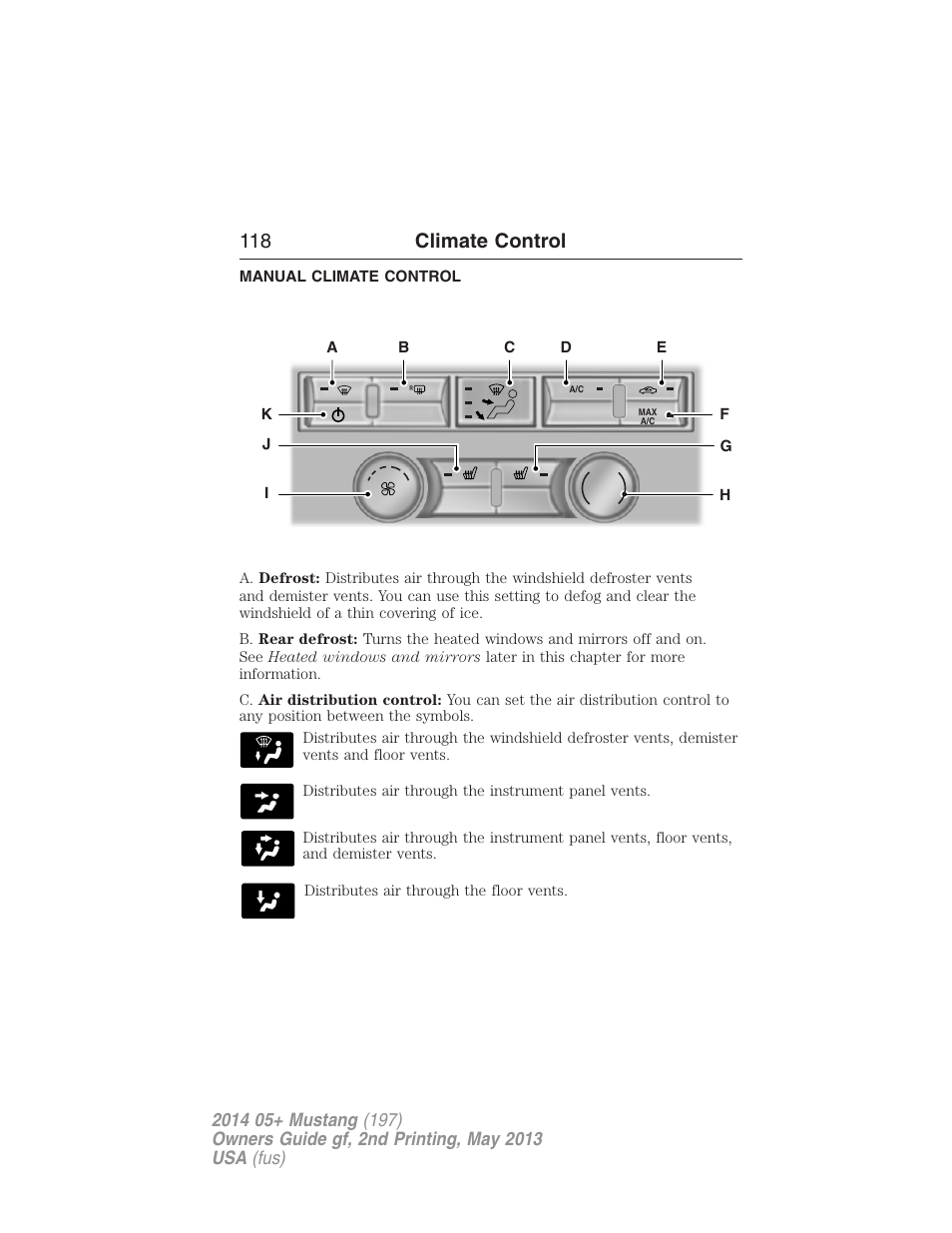 Climate control, Manual climate control, Manual heating and air conditioning | 118 climate control | FORD 2014 Mustang v.2 User Manual | Page 119 / 455