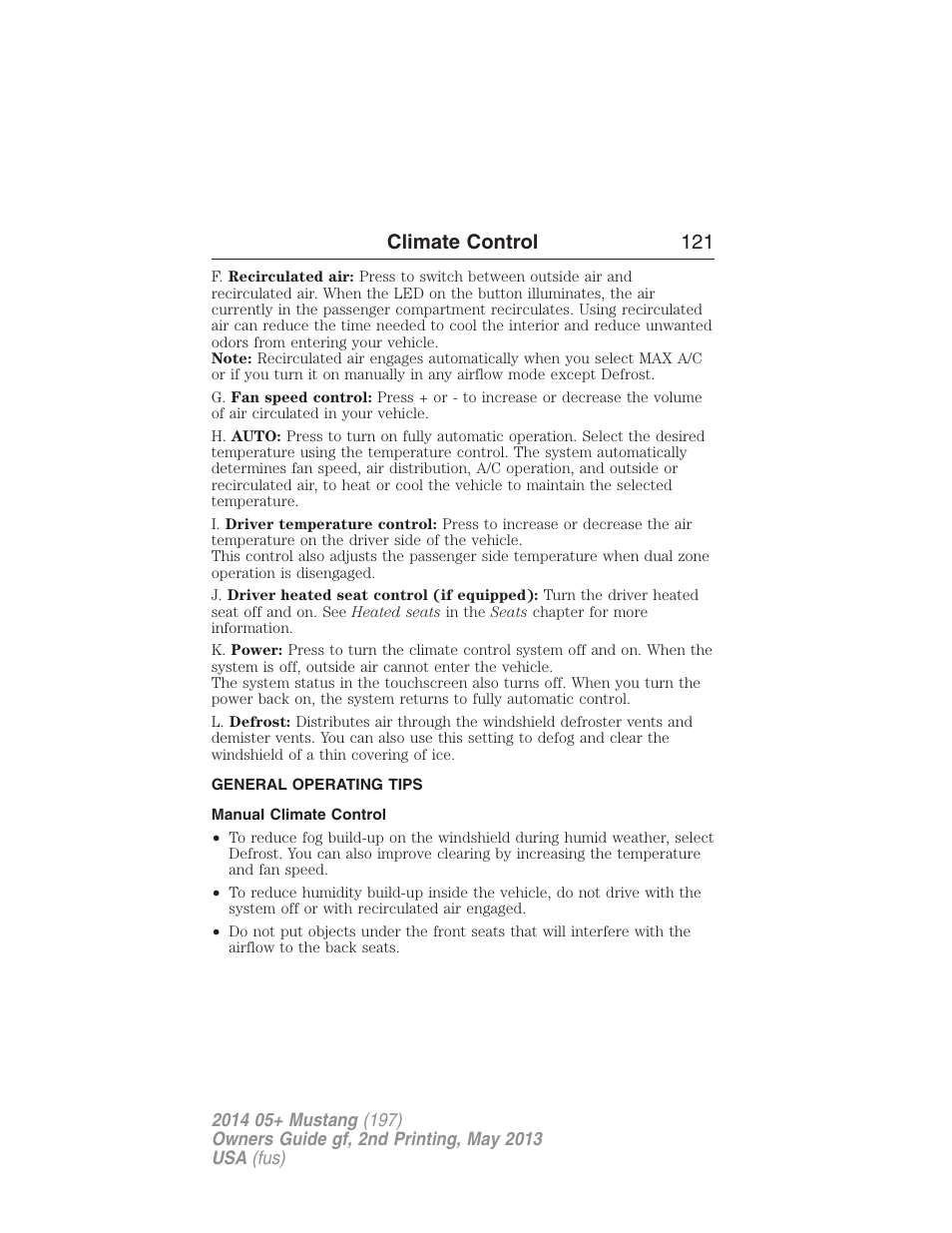 General operating tips, Manual climate control, Climate control 121 | FORD 2014 Mustang v.2 User Manual | Page 122 / 455