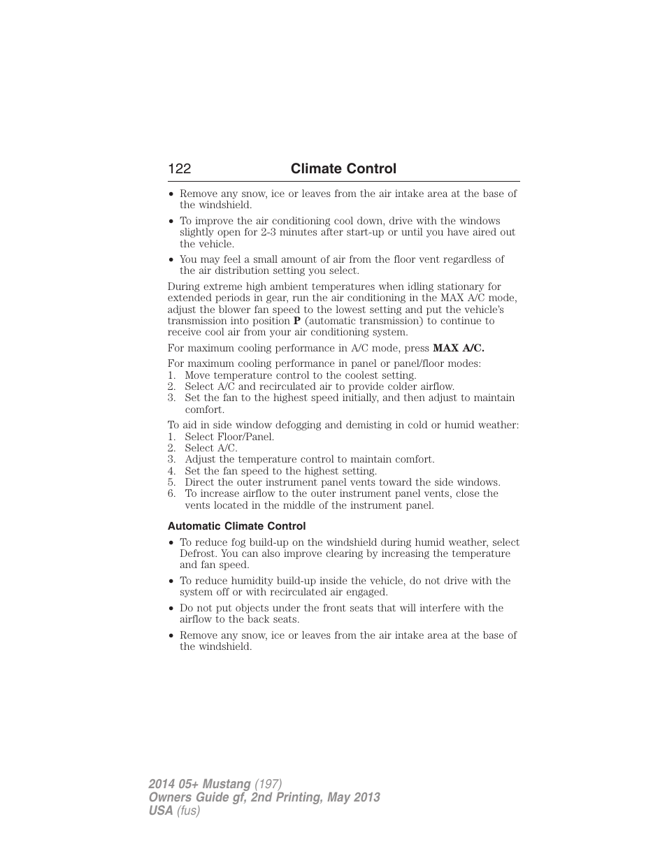 Automatic climate control, 122 climate control | FORD 2014 Mustang v.2 User Manual | Page 123 / 455