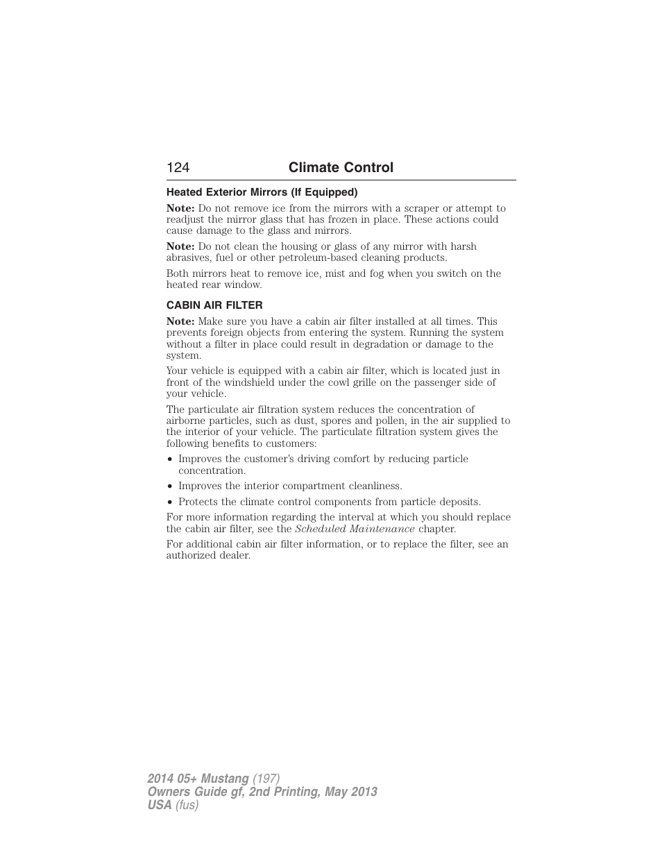 Heated exterior mirrors (if equipped), Cabin air filter, 124 climate control | FORD 2014 Mustang v.2 User Manual | Page 125 / 455