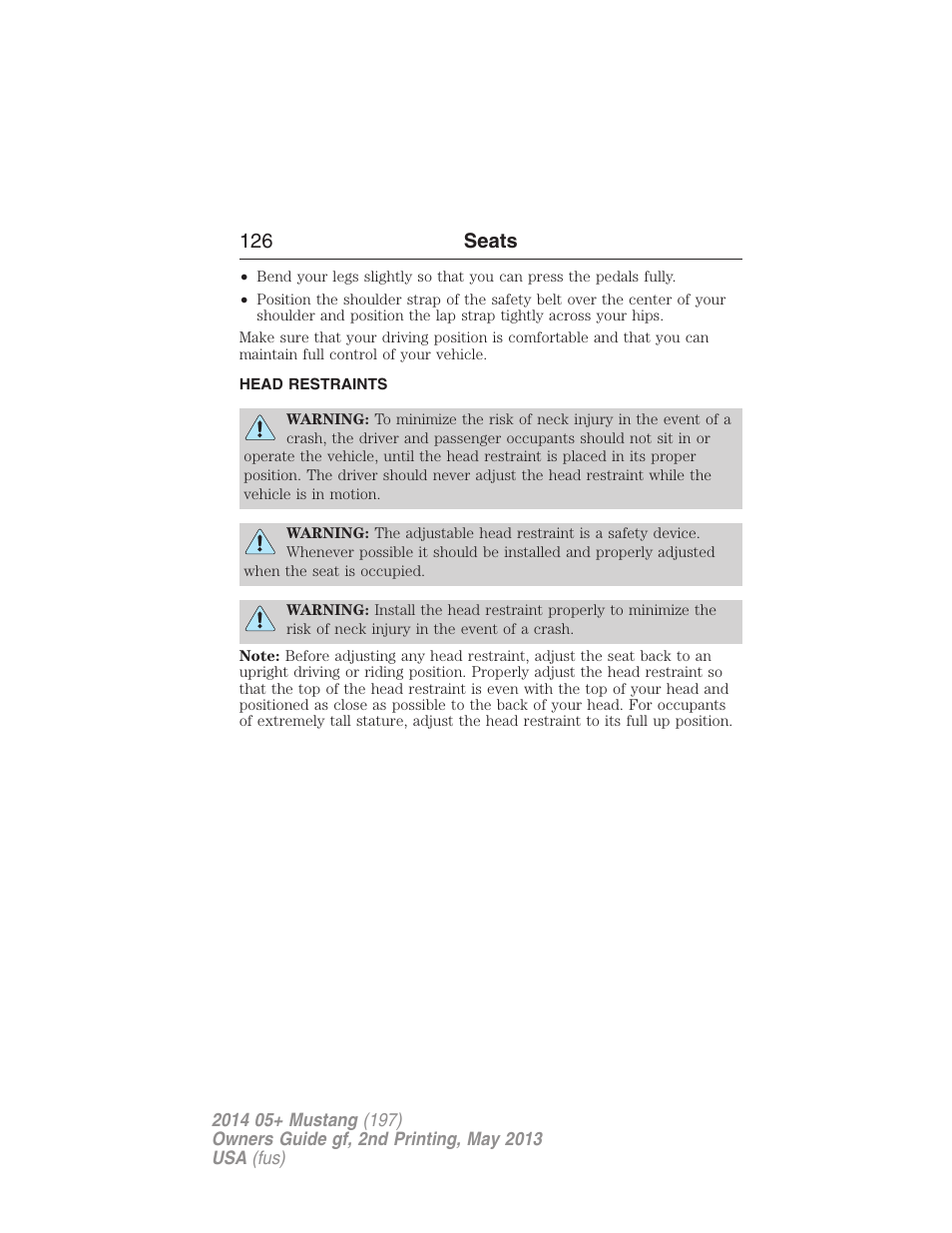 Head restraints, 126 seats | FORD 2014 Mustang v.2 User Manual | Page 127 / 455