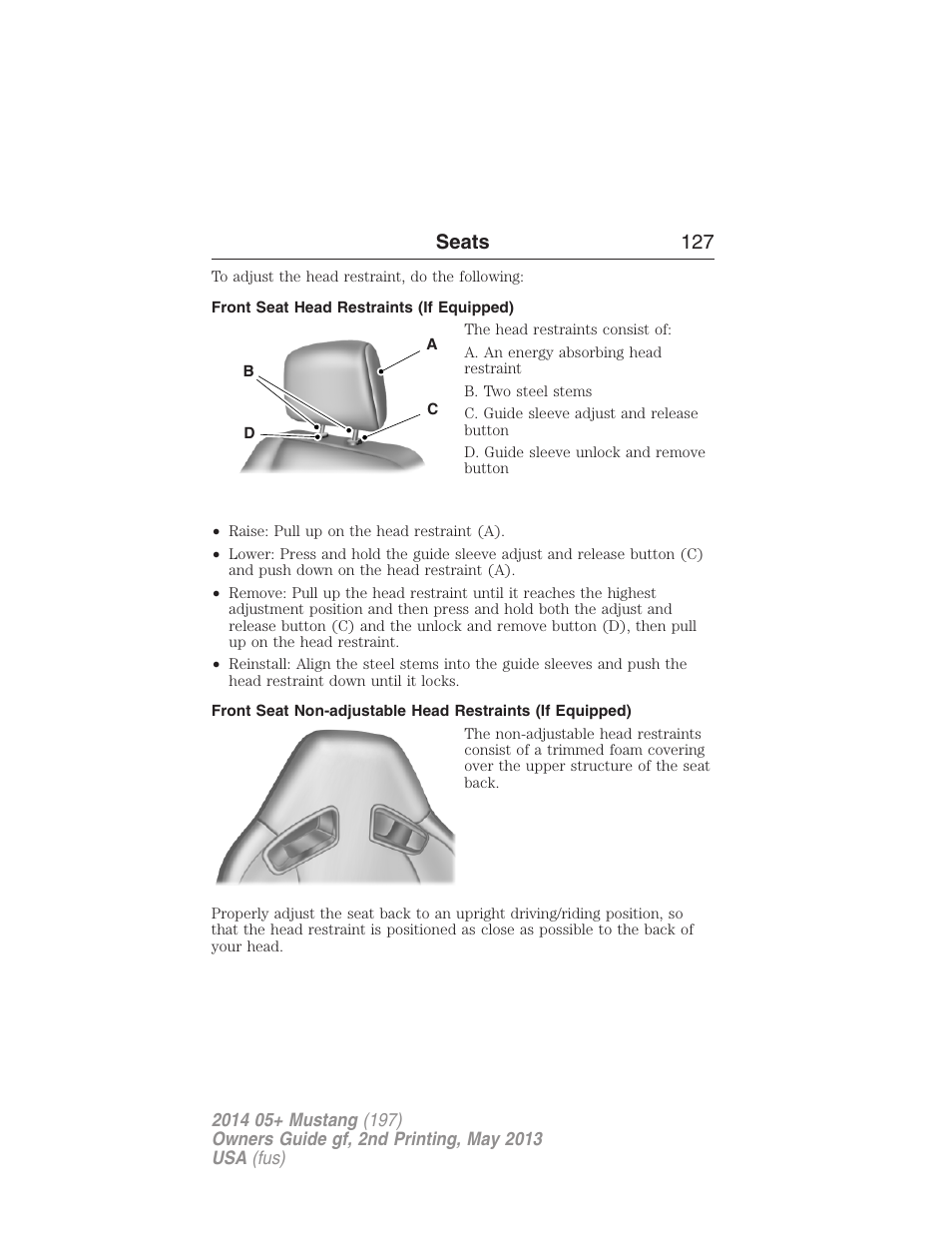 Front seat head restraints (if equipped), Seats 127 | FORD 2014 Mustang v.2 User Manual | Page 128 / 455