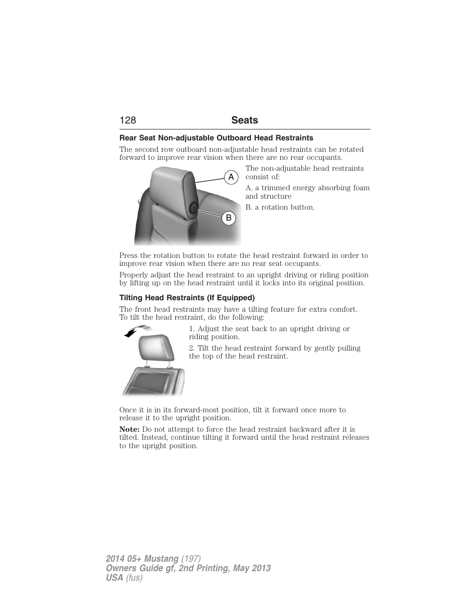 Rear seat non-adjustable outboard head restraints, Tilting head restraints (if equipped), 128 seats | FORD 2014 Mustang v.2 User Manual | Page 129 / 455