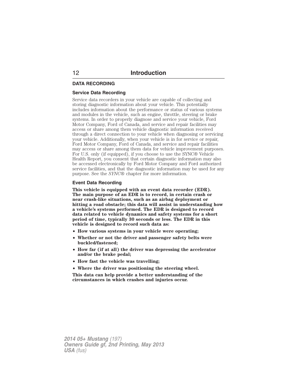 Data recording, Service data recording, Event data recording | 12 introduction | FORD 2014 Mustang v.2 User Manual | Page 13 / 455