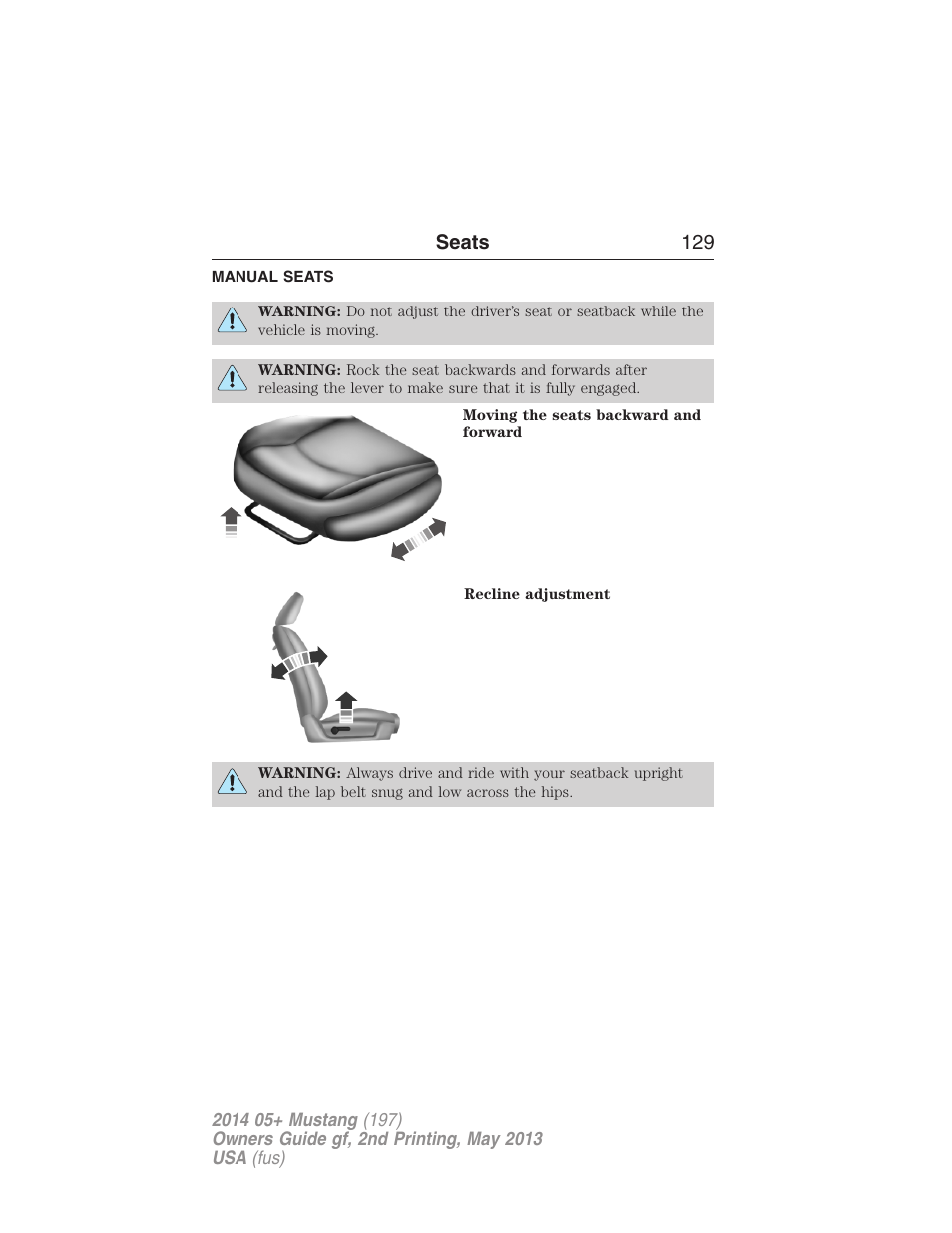 Manual seats, Seats 129 | FORD 2014 Mustang v.2 User Manual | Page 130 / 455