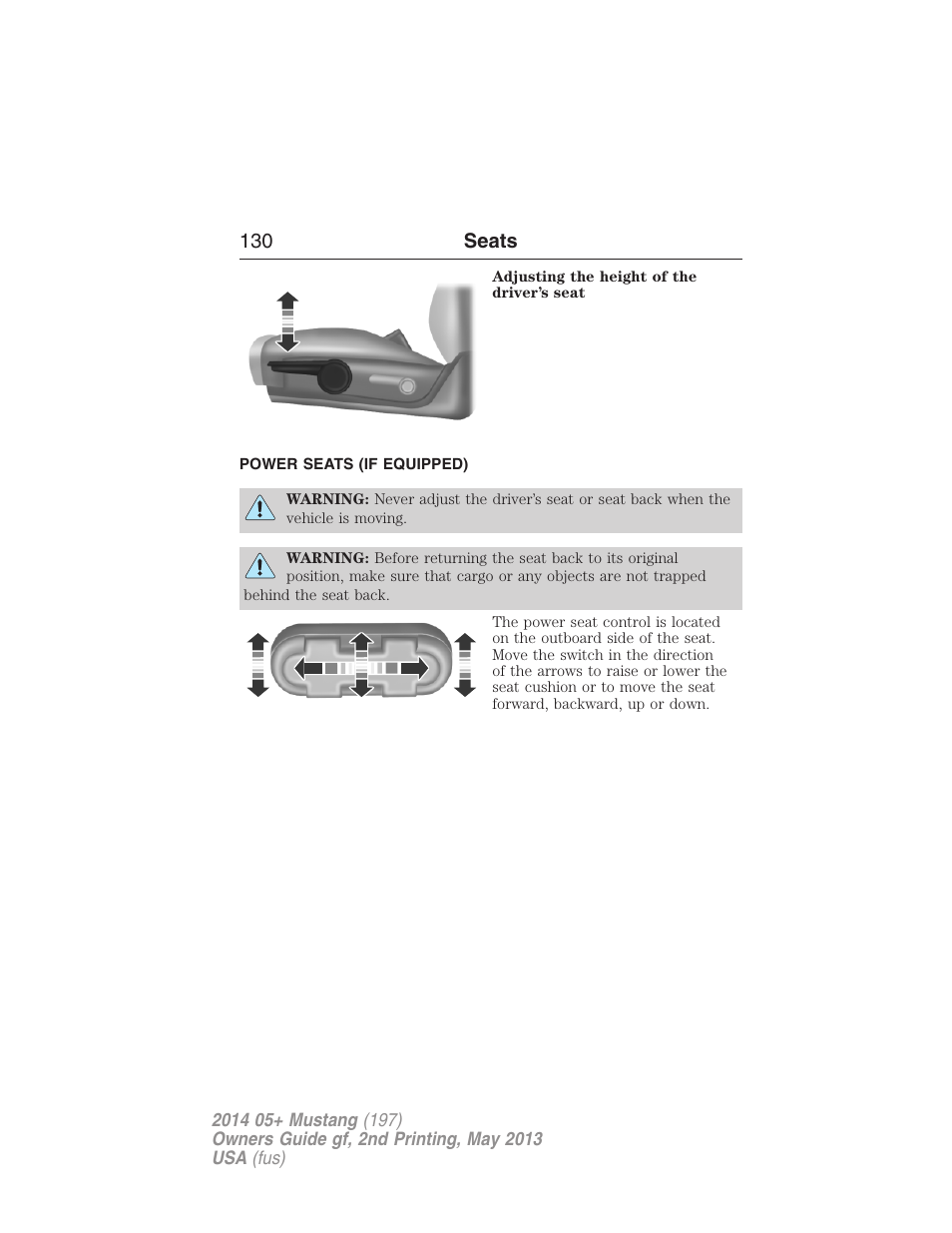 Power seats (if equipped), Power seats, 130 seats | FORD 2014 Mustang v.2 User Manual | Page 131 / 455