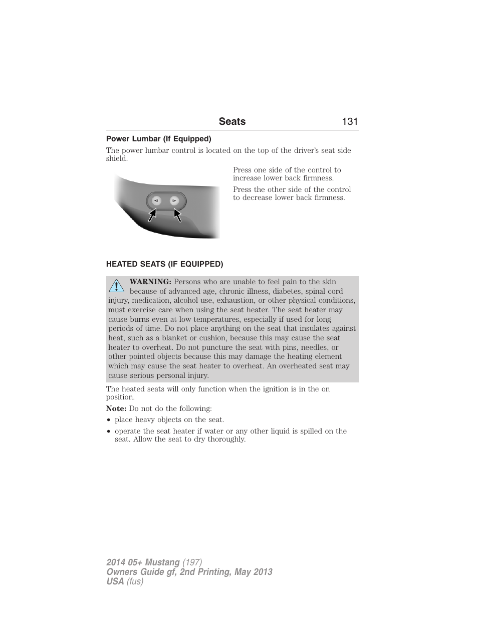 Power lumbar (if equipped), Heated seats (if equipped), Heated seats | Seats 131 | FORD 2014 Mustang v.2 User Manual | Page 132 / 455