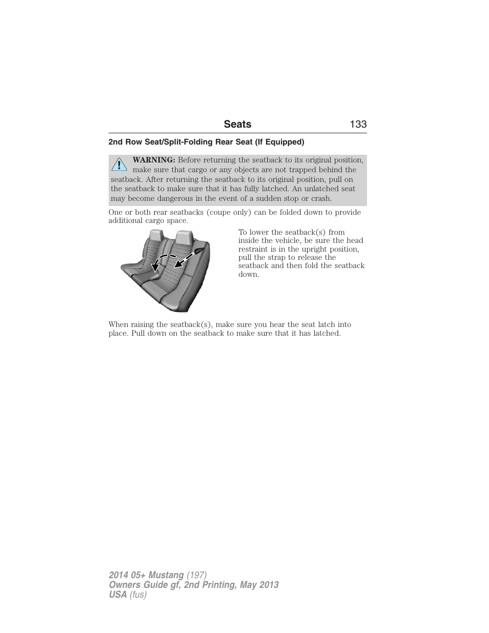 2nd row seat/split-folding rear seat (if equipped), Seats 133 | FORD 2014 Mustang v.2 User Manual | Page 134 / 455