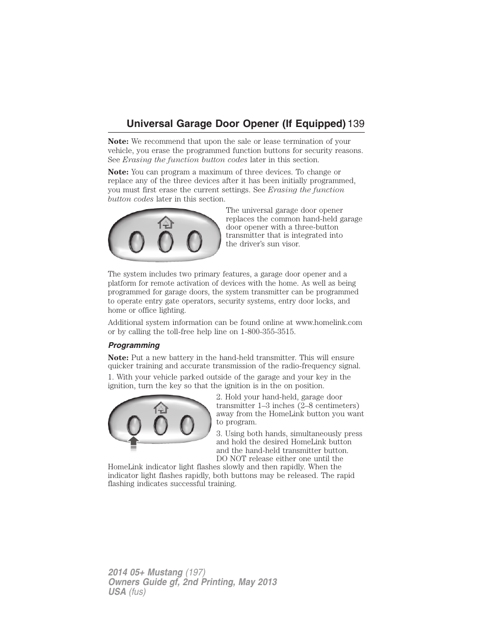 Programming, Universal garage door opener (if equipped) 139 | FORD 2014 Mustang v.2 User Manual | Page 140 / 455