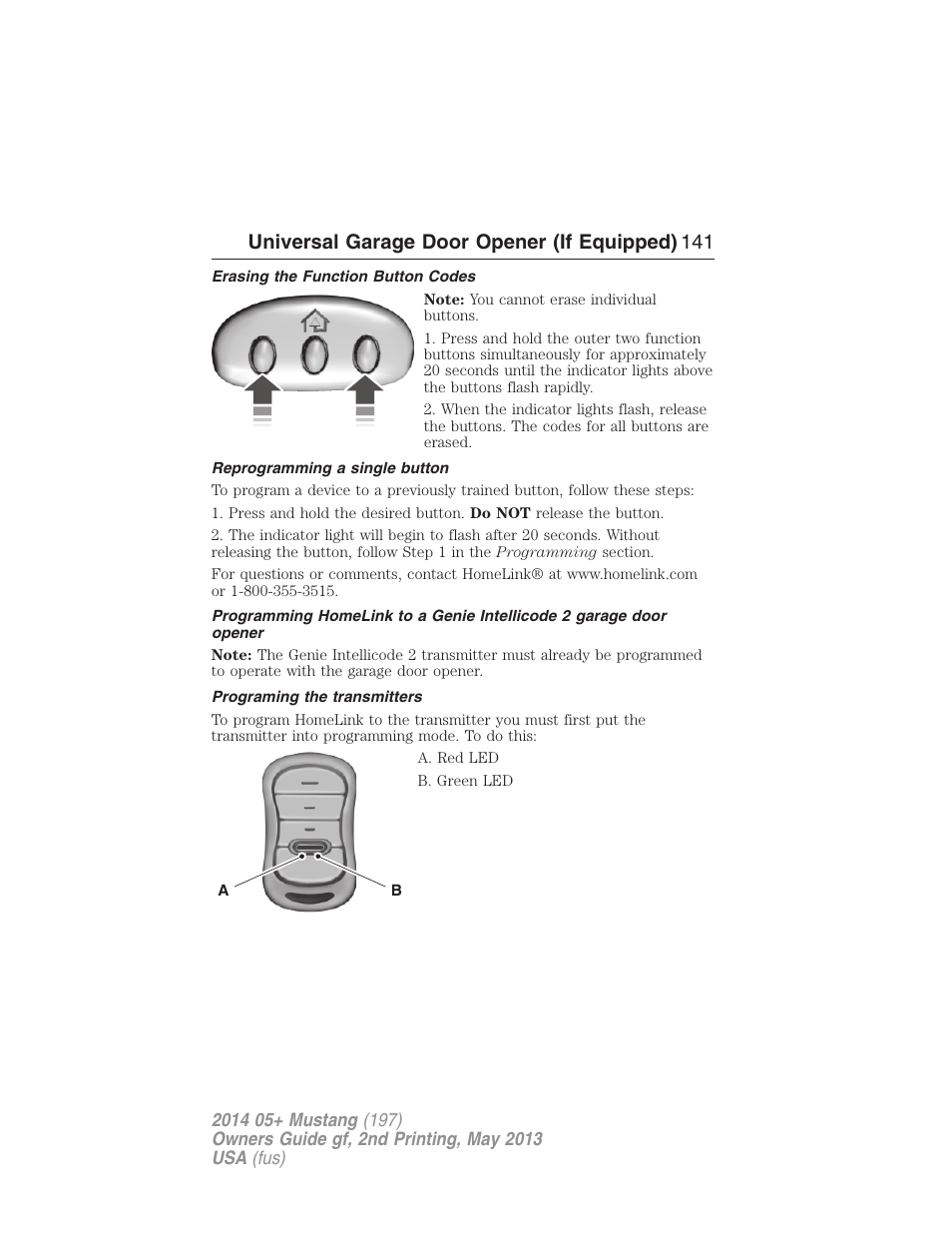 Erasing the function button codes, Reprogramming a single button, Programing the transmitters | Universal garage door opener (if equipped) 141 | FORD 2014 Mustang v.2 User Manual | Page 142 / 455