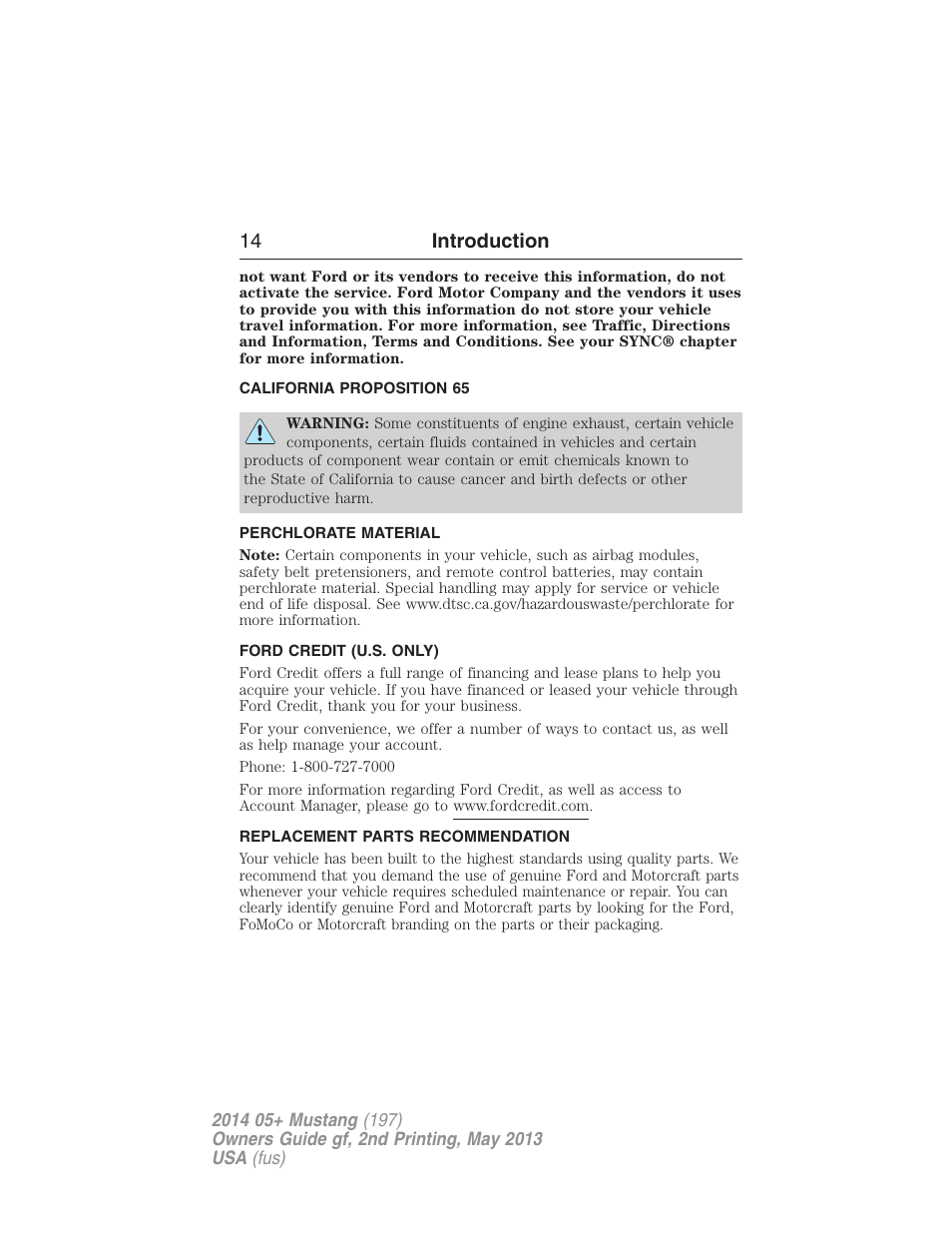 California proposition 65, Perchlorate material, Ford credit (u.s. only) | Replacement parts recommendation, 14 introduction | FORD 2014 Mustang v.2 User Manual | Page 15 / 455