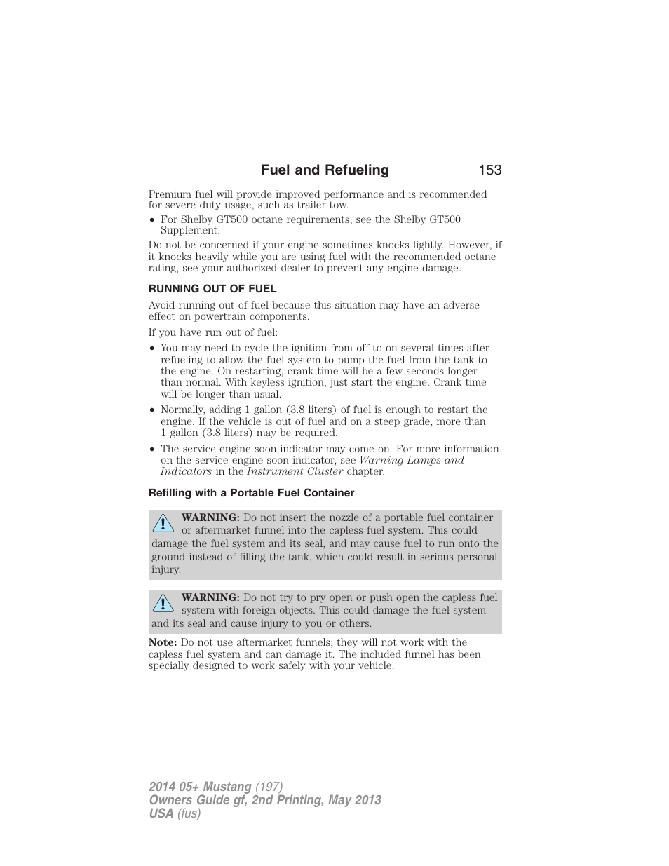 Running out of fuel, Refilling with a portable fuel container, Fuel and refueling 153 | FORD 2014 Mustang v.2 User Manual | Page 154 / 455