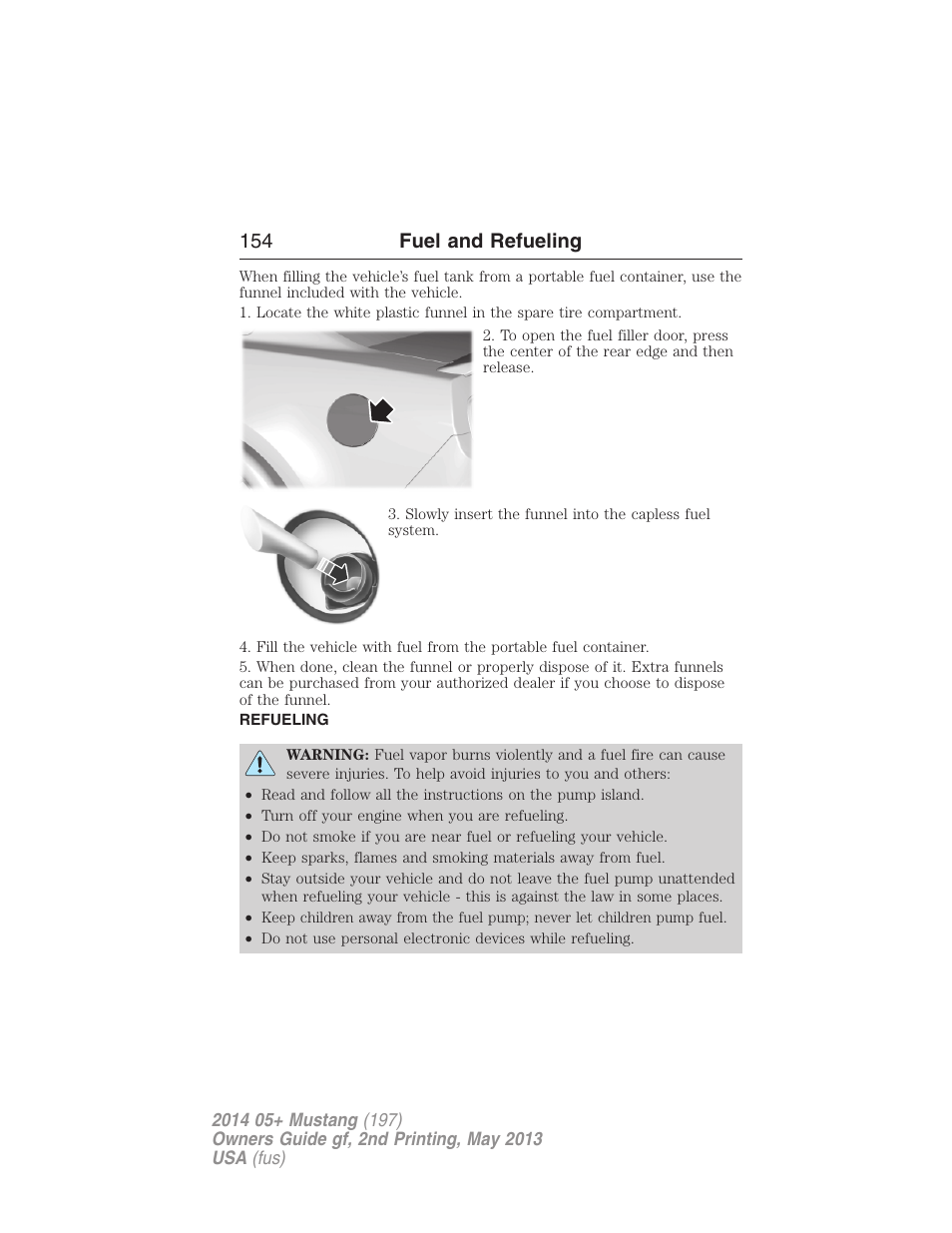 Refueling, 154 fuel and refueling | FORD 2014 Mustang v.2 User Manual | Page 155 / 455