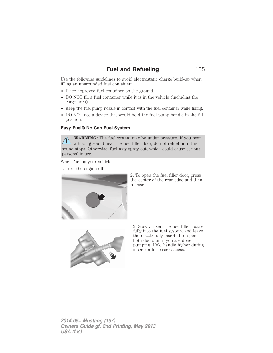 Easy fuel® no cap fuel system, Fuel and refueling 155 | FORD 2014 Mustang v.2 User Manual | Page 156 / 455