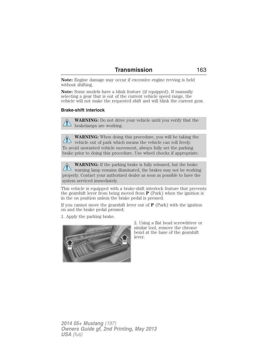 Brake-shift interlock, Transmission 163 | FORD 2014 Mustang v.2 User Manual | Page 164 / 455