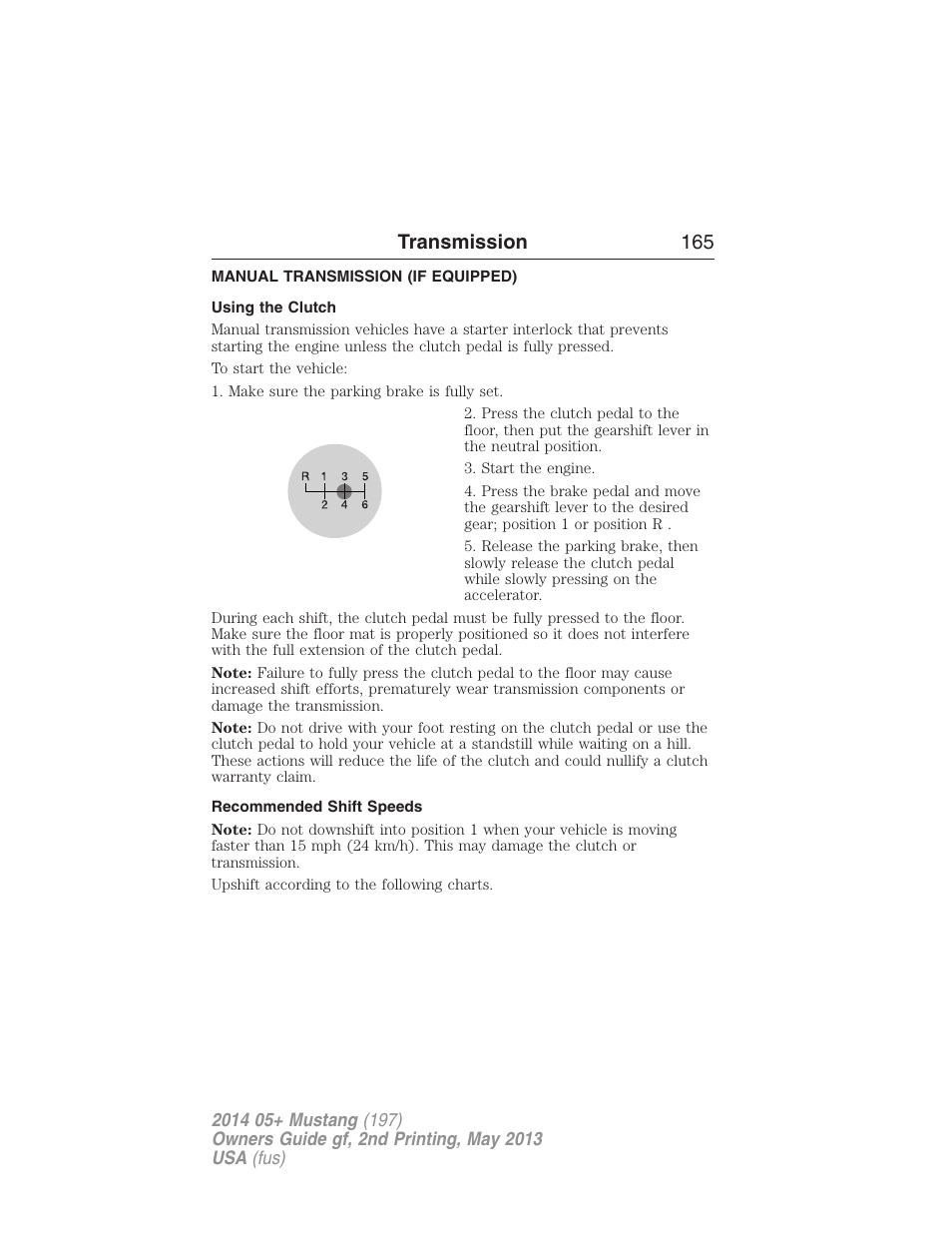 Manual transmission (if equipped), Using the clutch, Recommended shift speeds | Manual transmission, Transmission 165 | FORD 2014 Mustang v.2 User Manual | Page 166 / 455