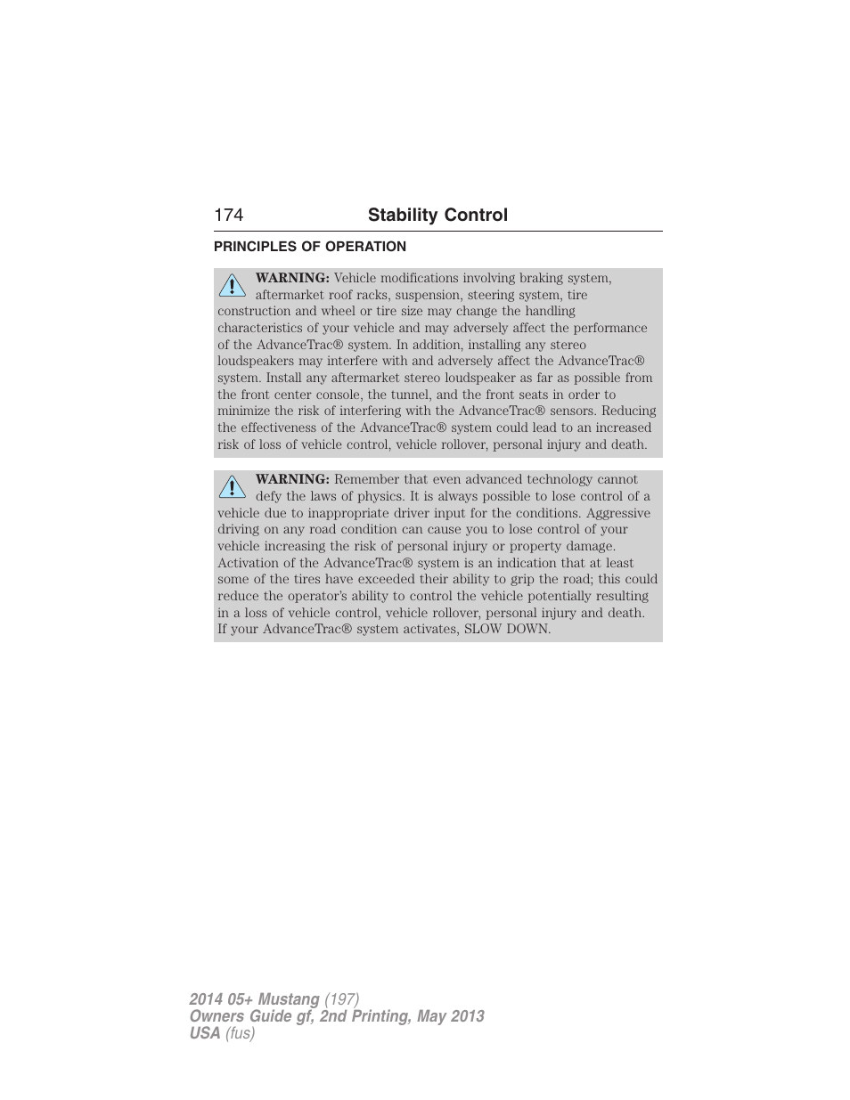 Stability control, Principles of operation, Advancetrac | FORD 2014 Mustang v.2 User Manual | Page 175 / 455