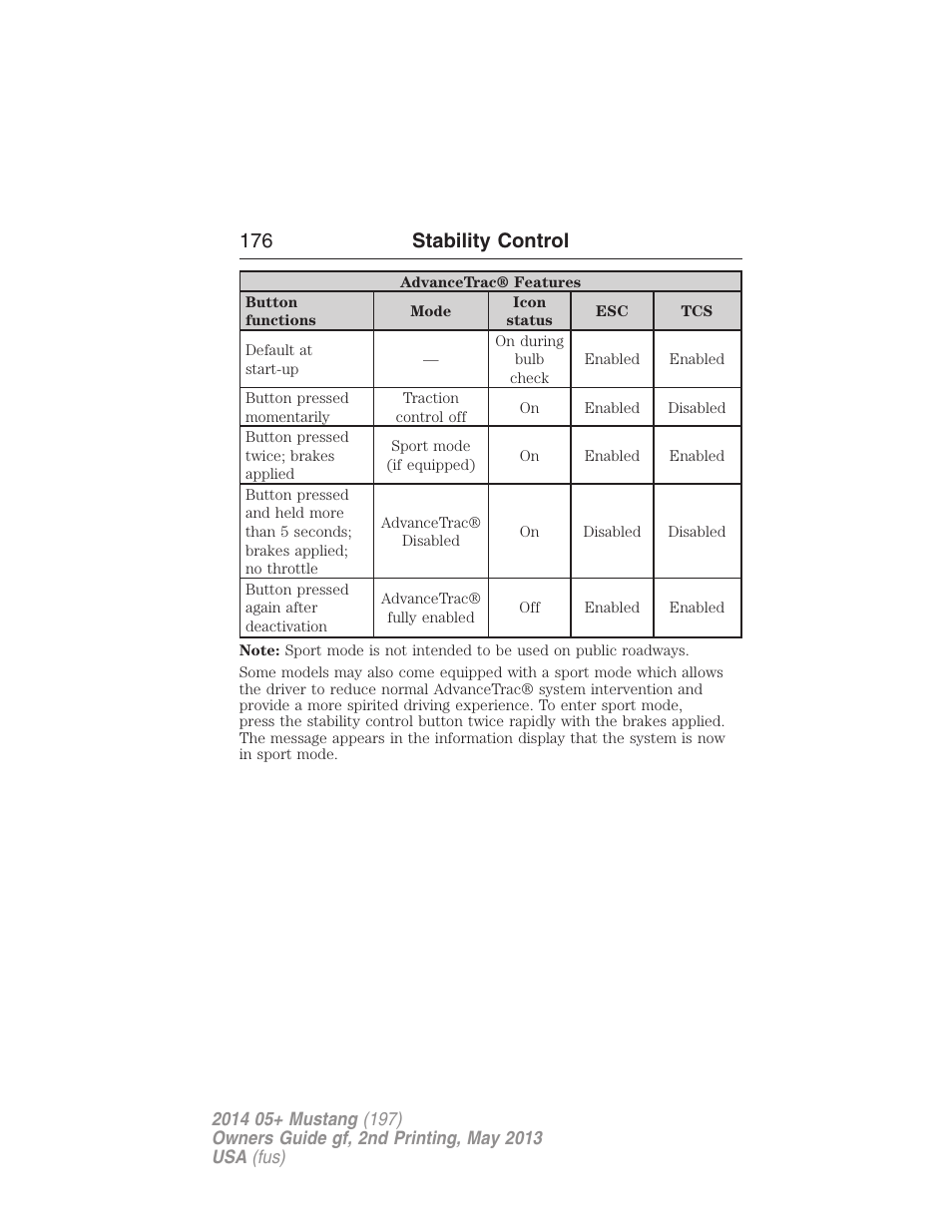 176 stability control | FORD 2014 Mustang v.2 User Manual | Page 177 / 455