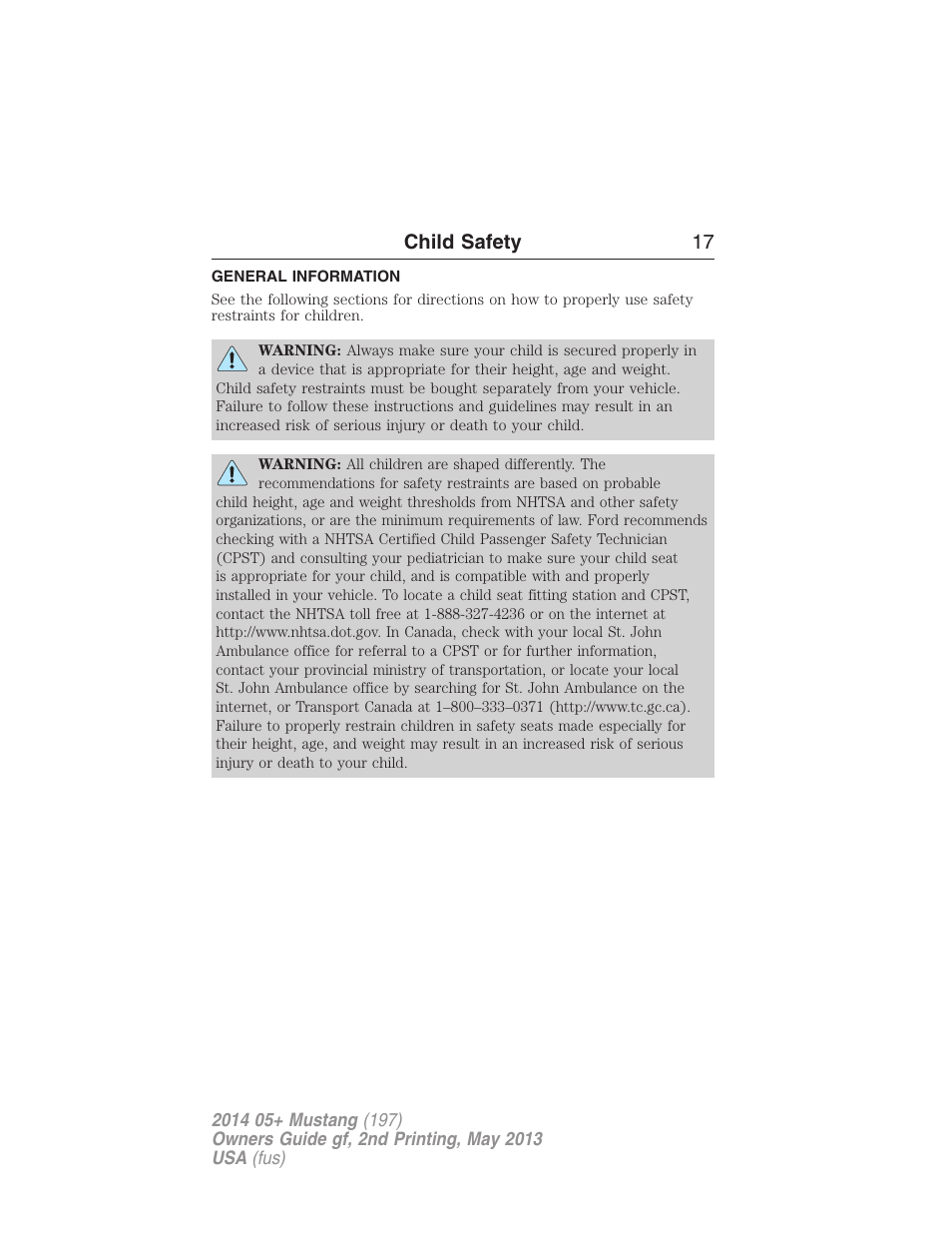 Child safety, General information, Child safety 17 | FORD 2014 Mustang v.2 User Manual | Page 18 / 455